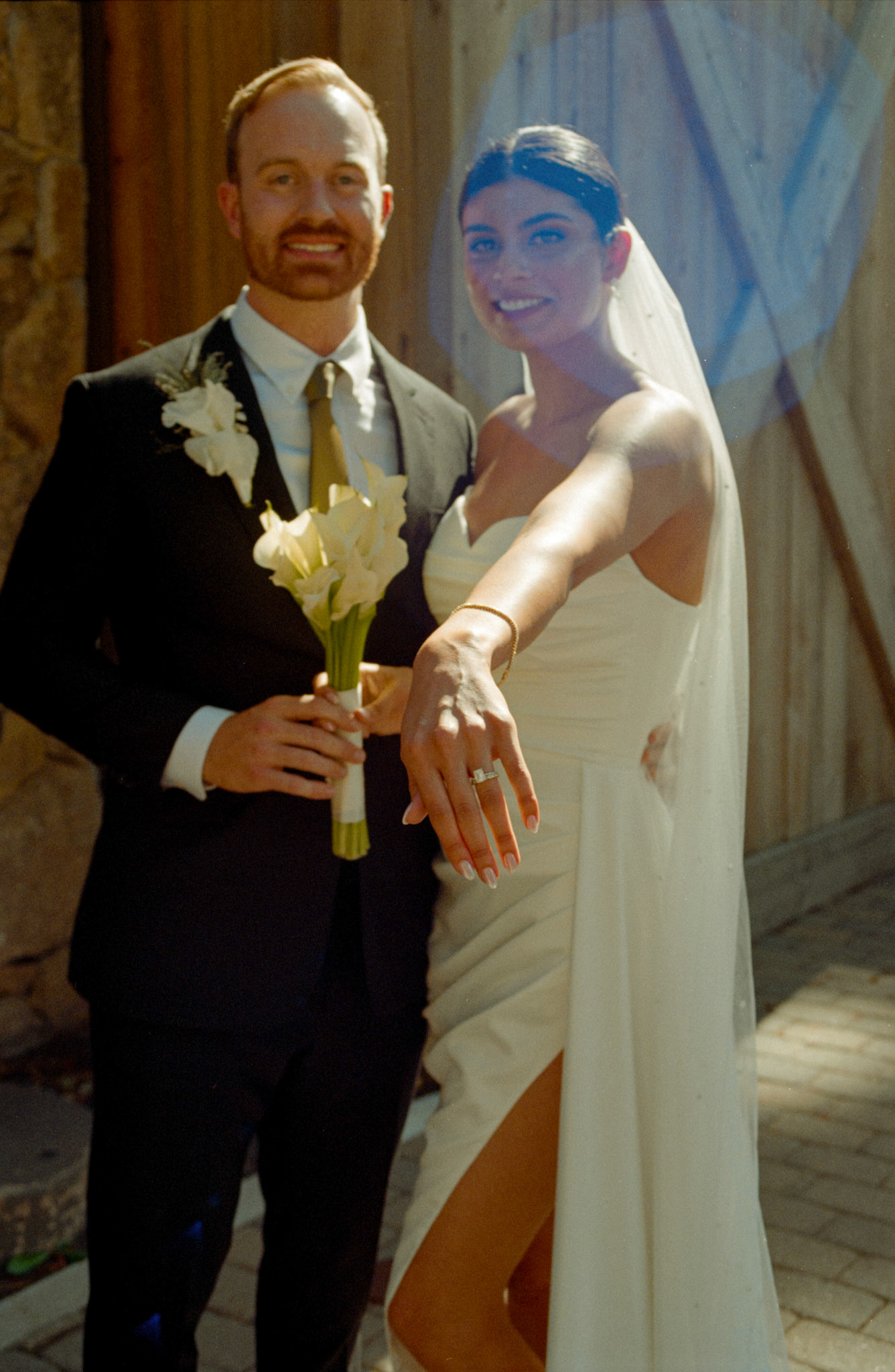 The newlyweds photographed on film among the towering pines and open fairways of Old Greenwood.