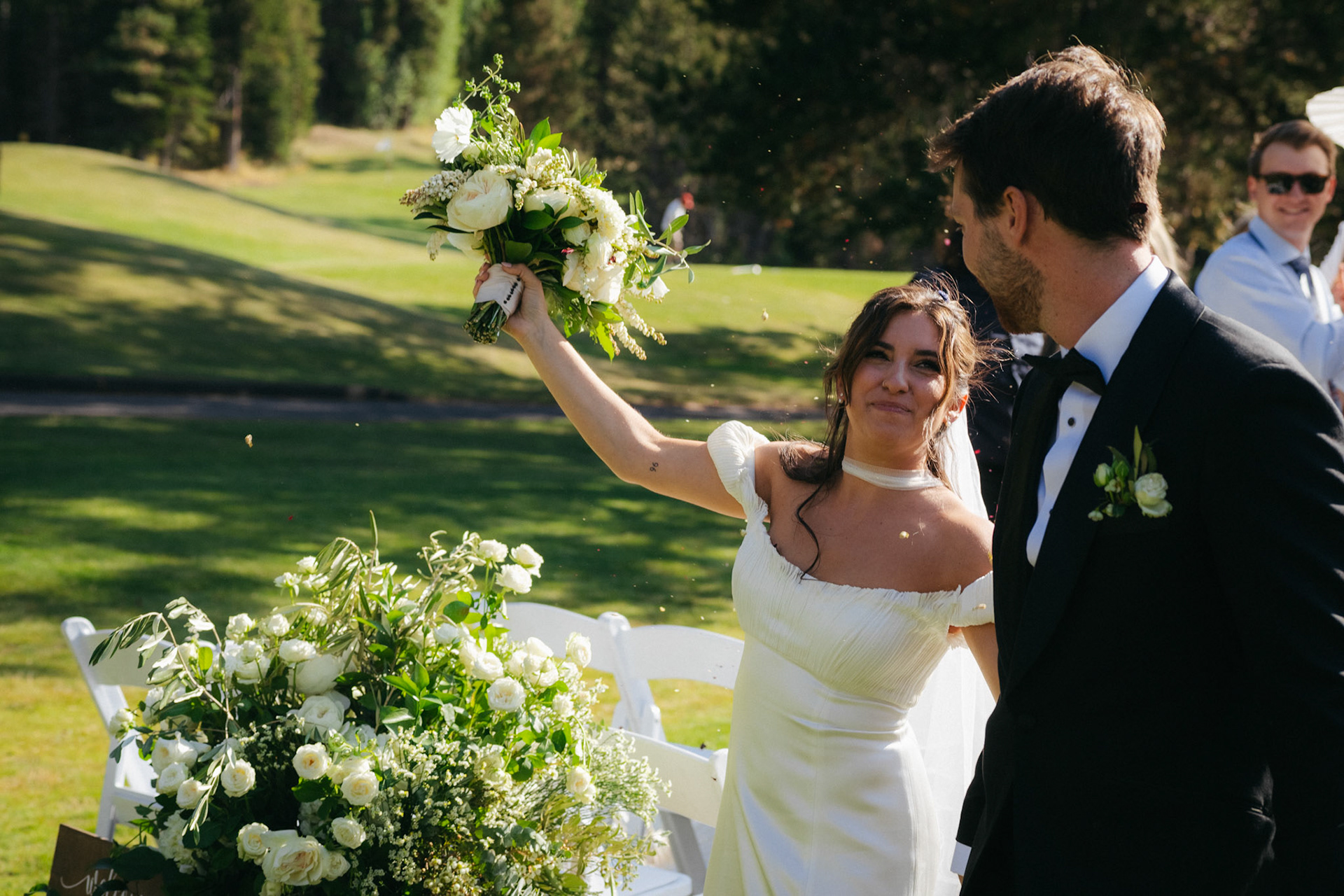 An outdoor mountain wedding ceremony at Everline Resort in Olympic Valley.