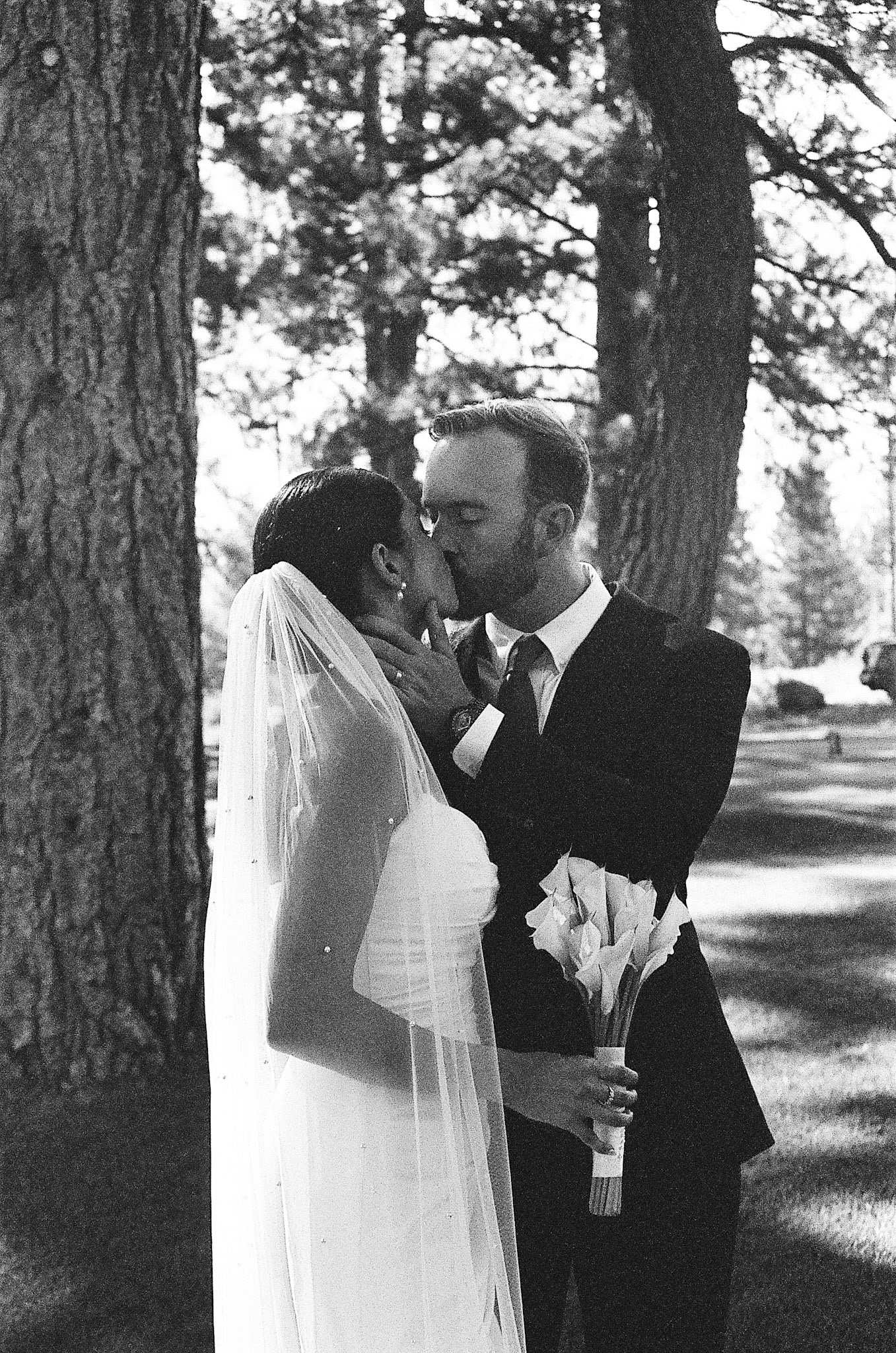 The newlyweds photographed on film among the towering pines and open fairways of Old Greenwood.