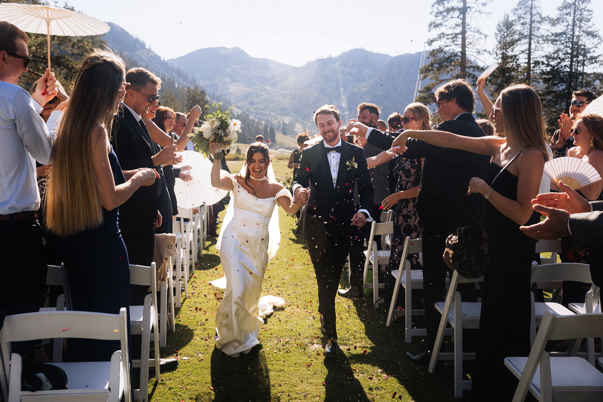 An outdoor mountain wedding ceremony at Everline Resort in Olympic Valley.