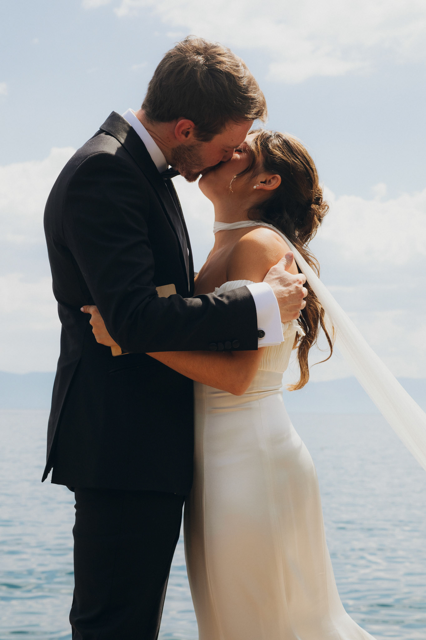 Cami and Tyler’s first look on a private dock overlooking Lake Tahoe.
