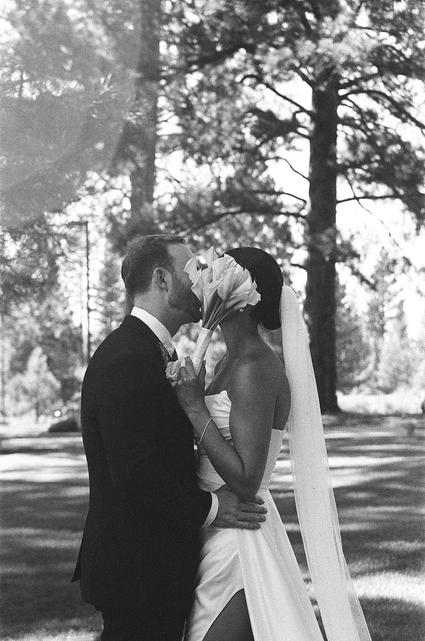 The newlyweds photographed on film among the towering pines and open fairways of Old Greenwood.