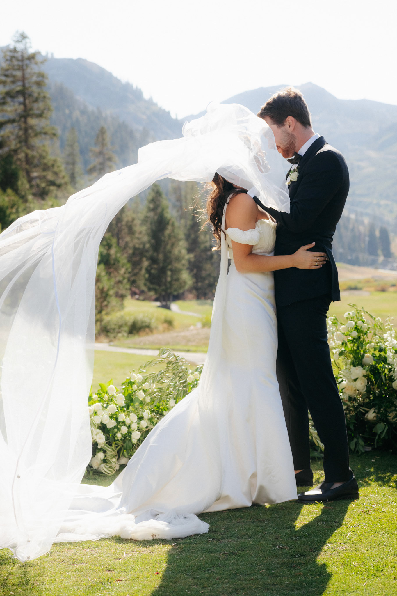 An outdoor mountain wedding ceremony at Everline Resort in Olympic Valley.