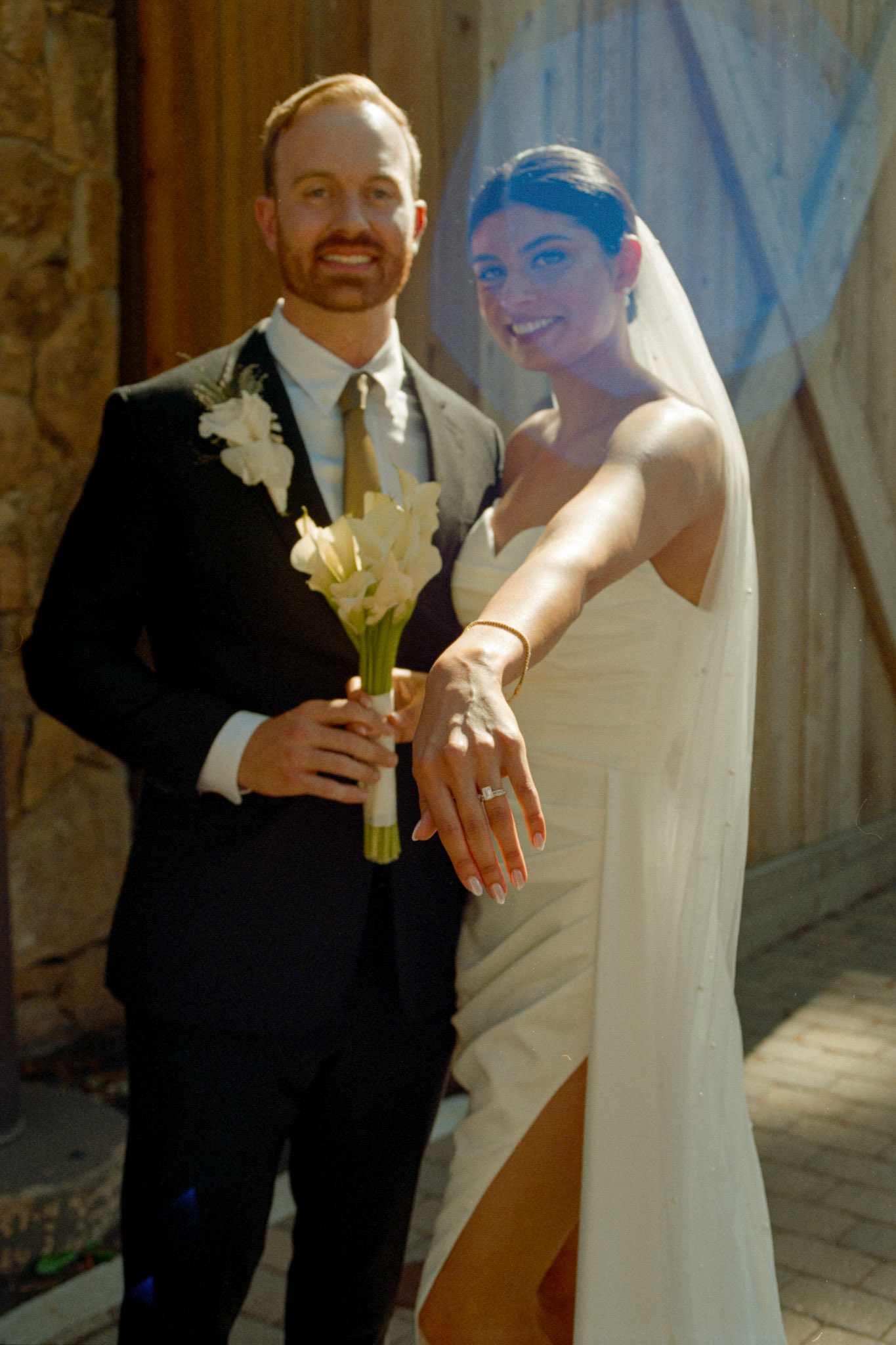 The newlyweds photographed on film among the towering pines and open fairways of Old Greenwood.