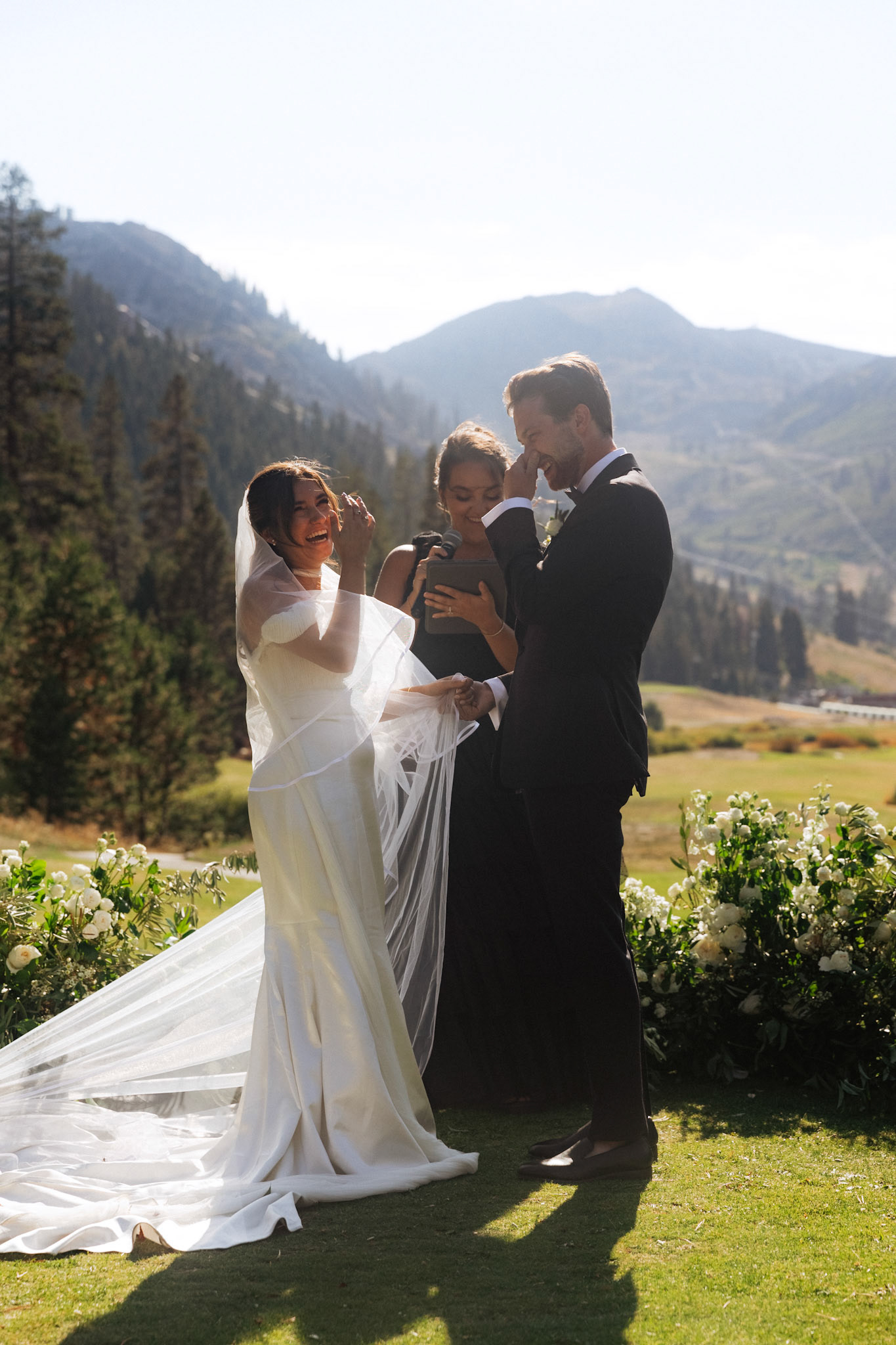 An outdoor mountain wedding ceremony at Everline Resort in Olympic Valley.