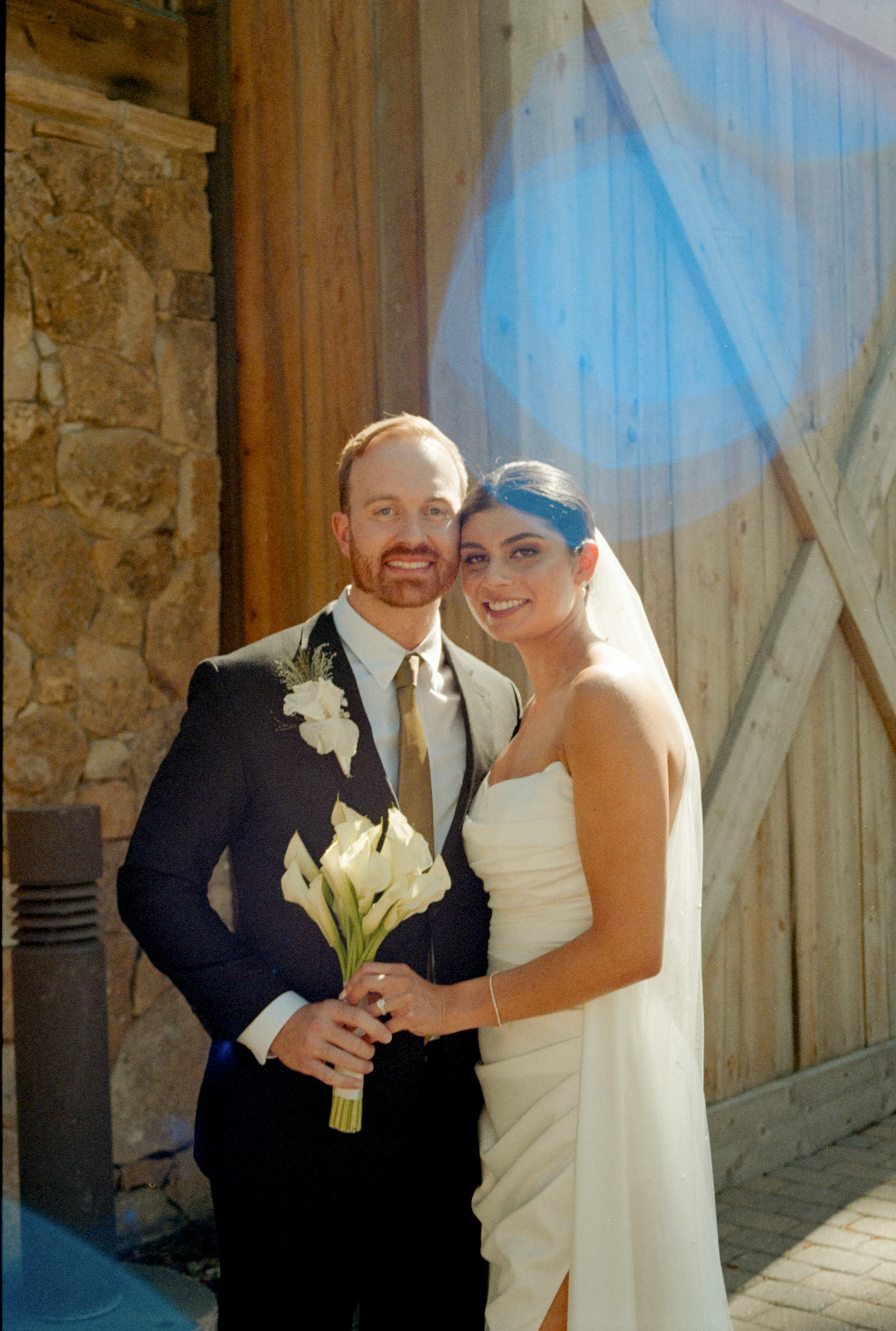 The newlyweds photographed on film among the towering pines and open fairways of Old Greenwood.