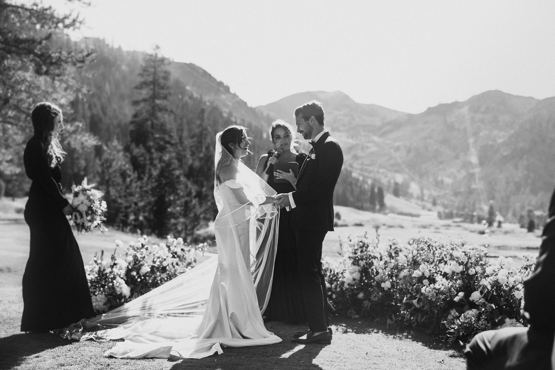 An outdoor mountain wedding ceremony at Everline Resort in Olympic Valley.