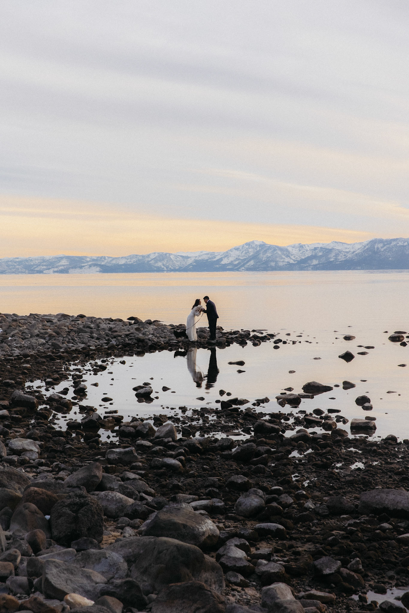 snowy lake tahoe elopement