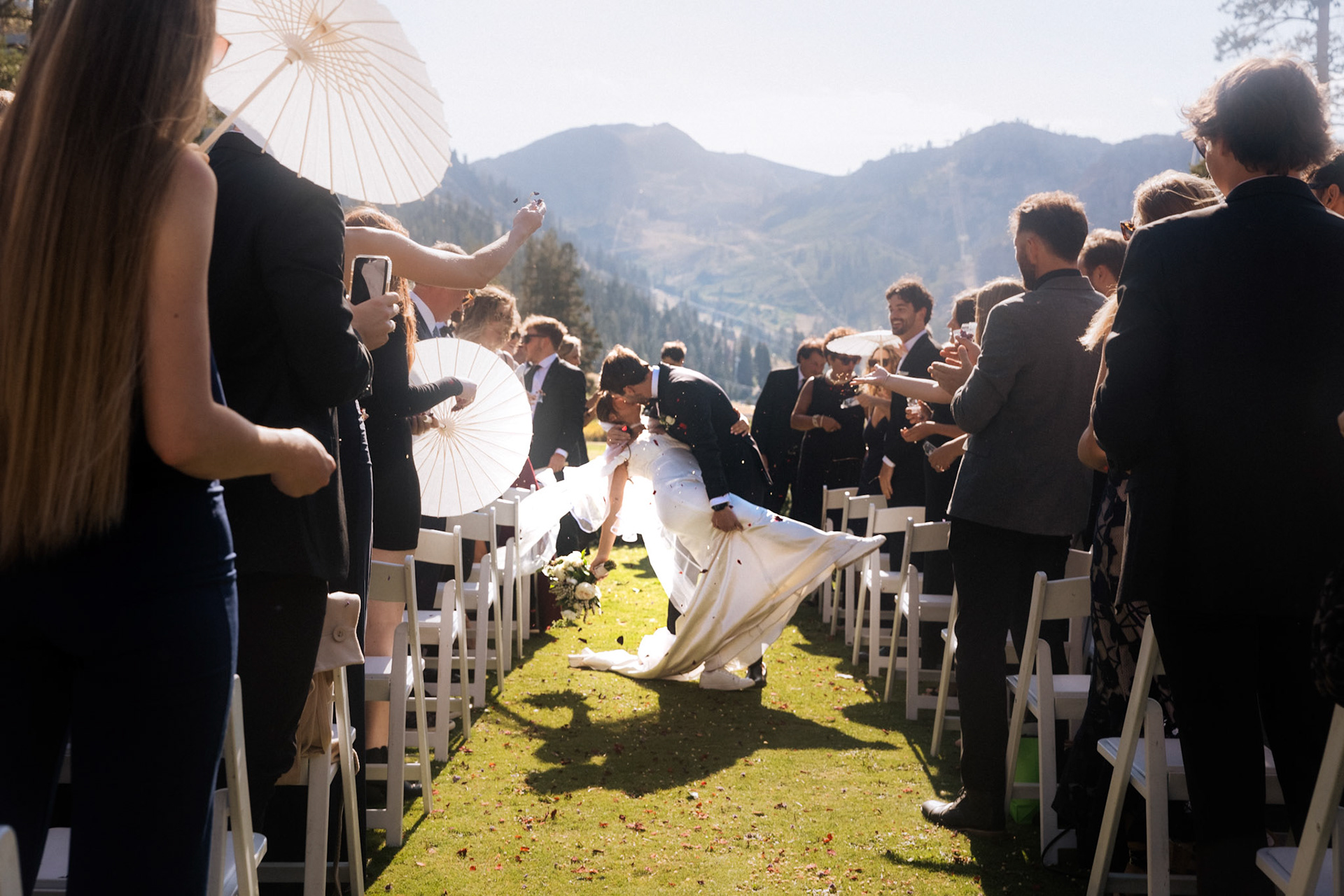 An outdoor mountain wedding ceremony at Everline Resort in Olympic Valley.