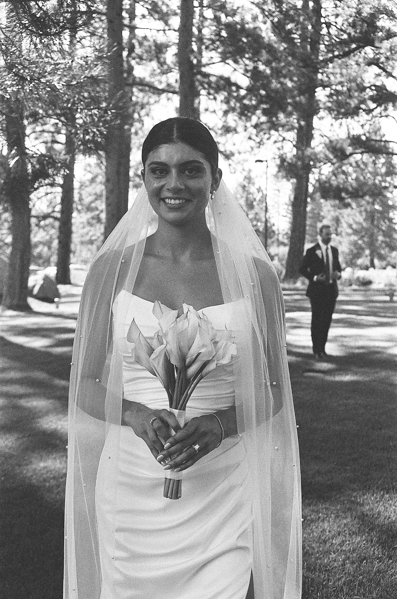 The newlyweds photographed on film among the towering pines and open fairways of Old Greenwood.