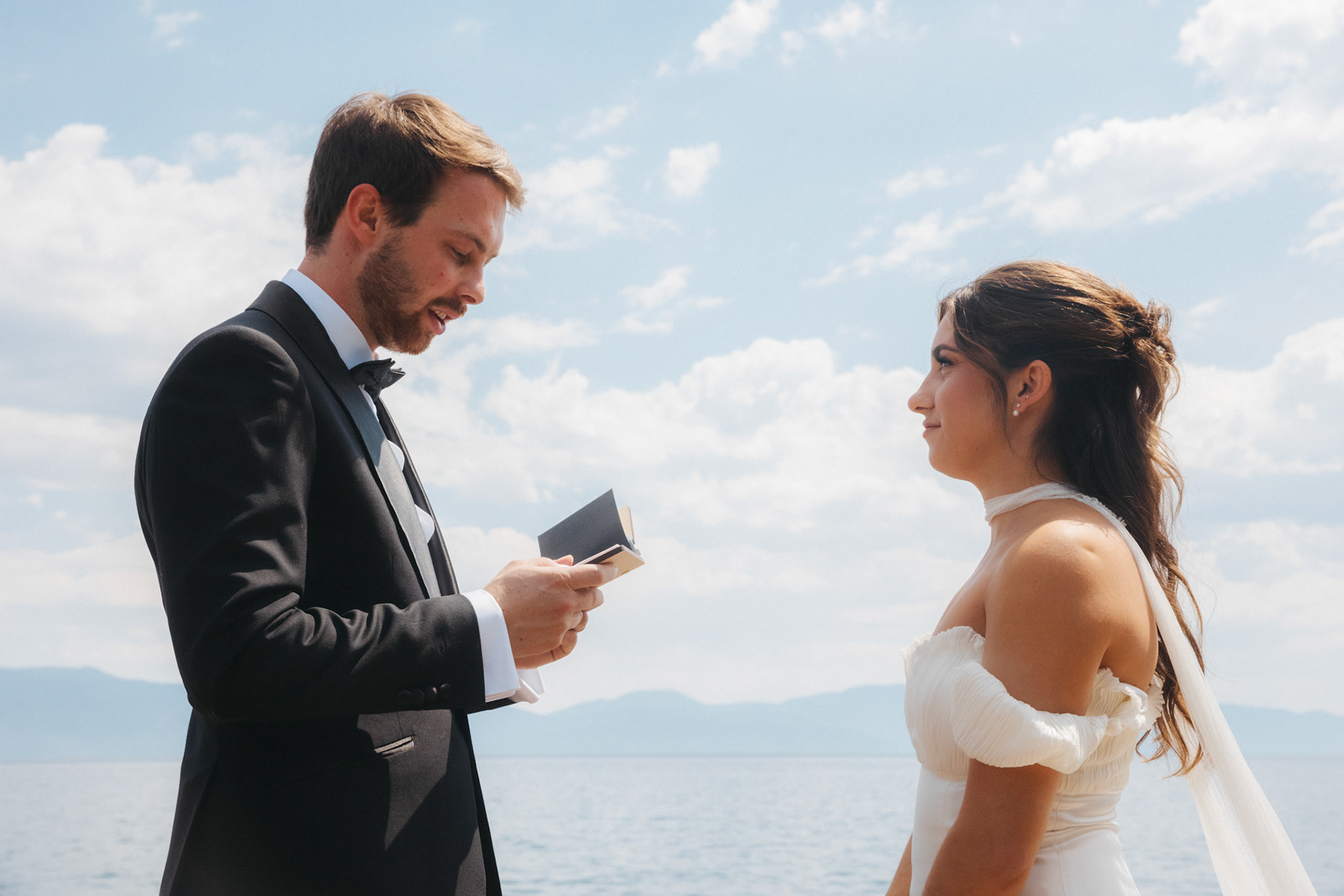 Cami and Tyler’s first look on a private dock overlooking Lake Tahoe.
