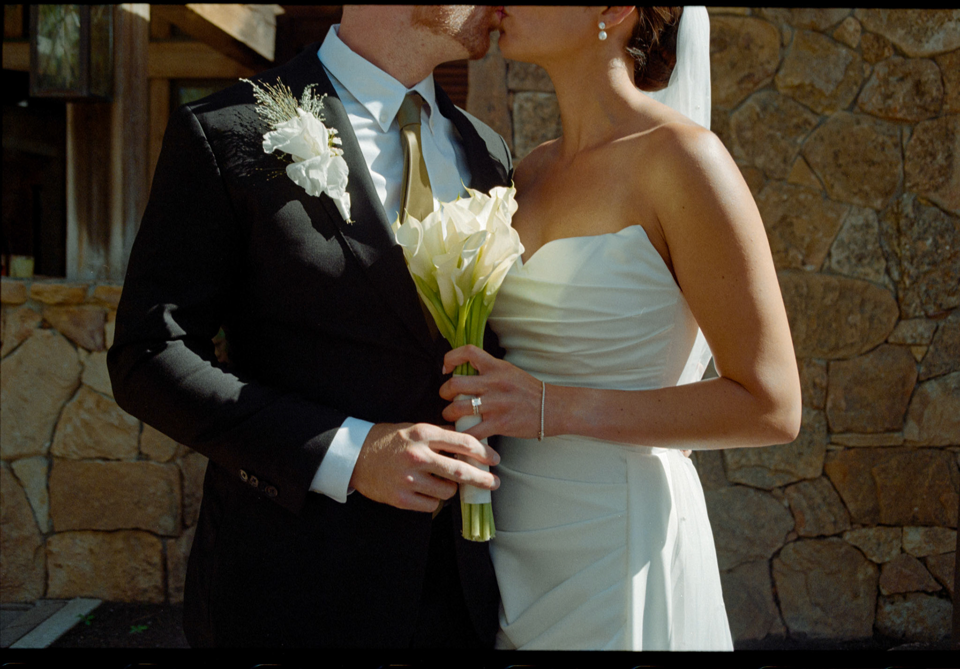 The newlyweds photographed on film among the towering pines and open fairways of Old Greenwood.