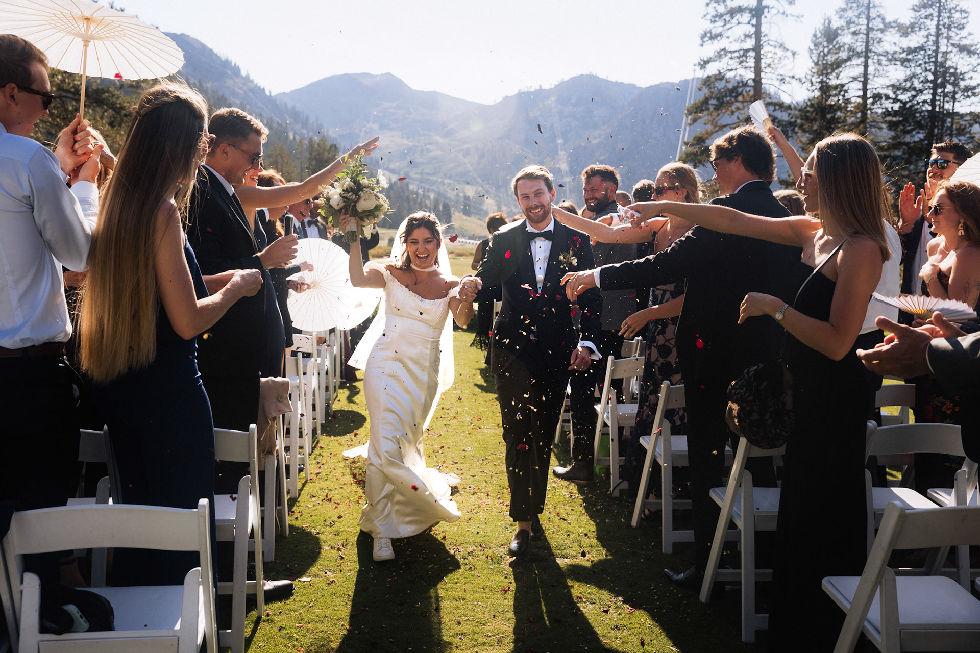 An outdoor mountain wedding ceremony at Everline Resort in Olympic Valley.
