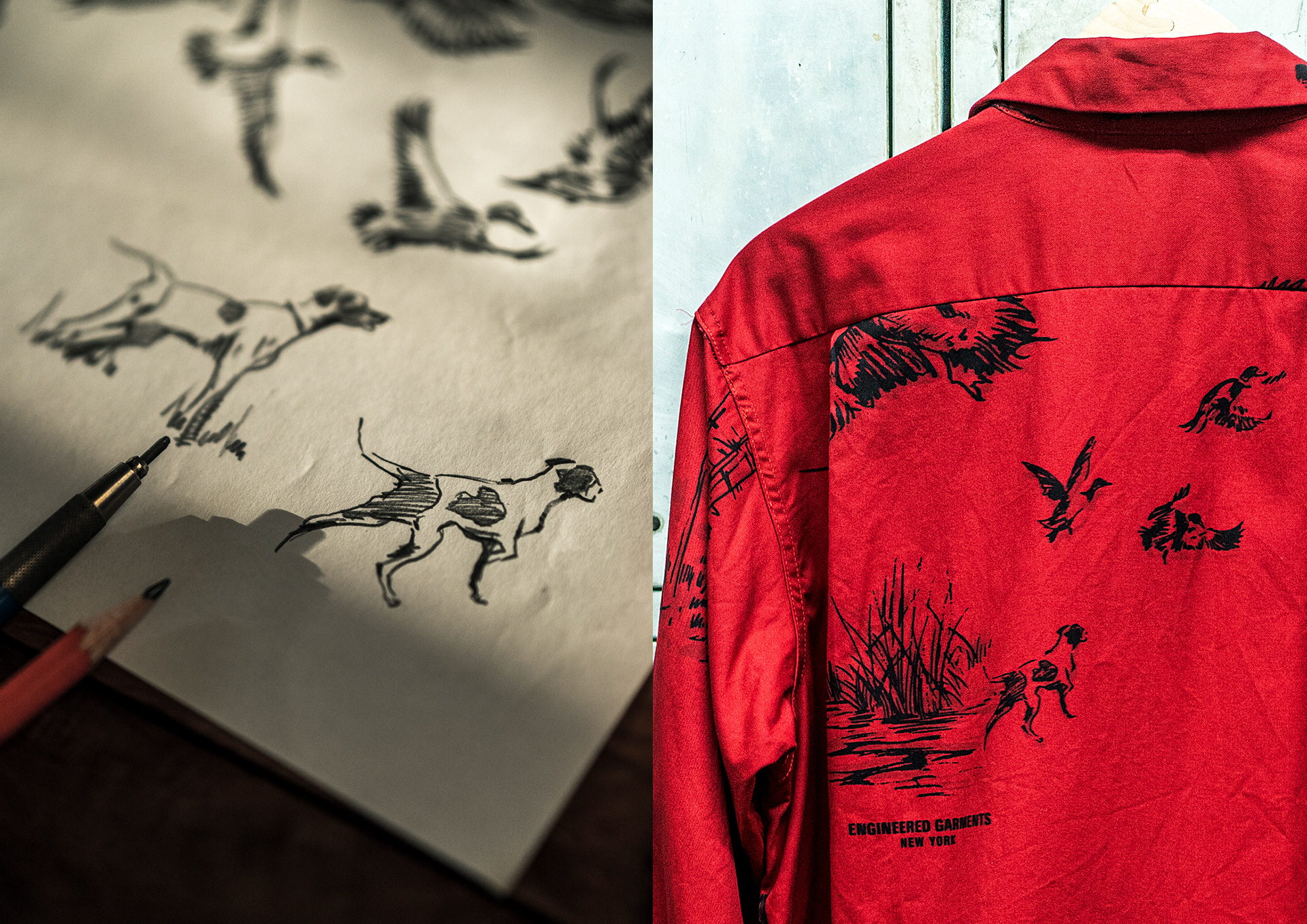 Engineered Garments FW23 Red Hunting Print Artwork by Manabu Gaku Inada