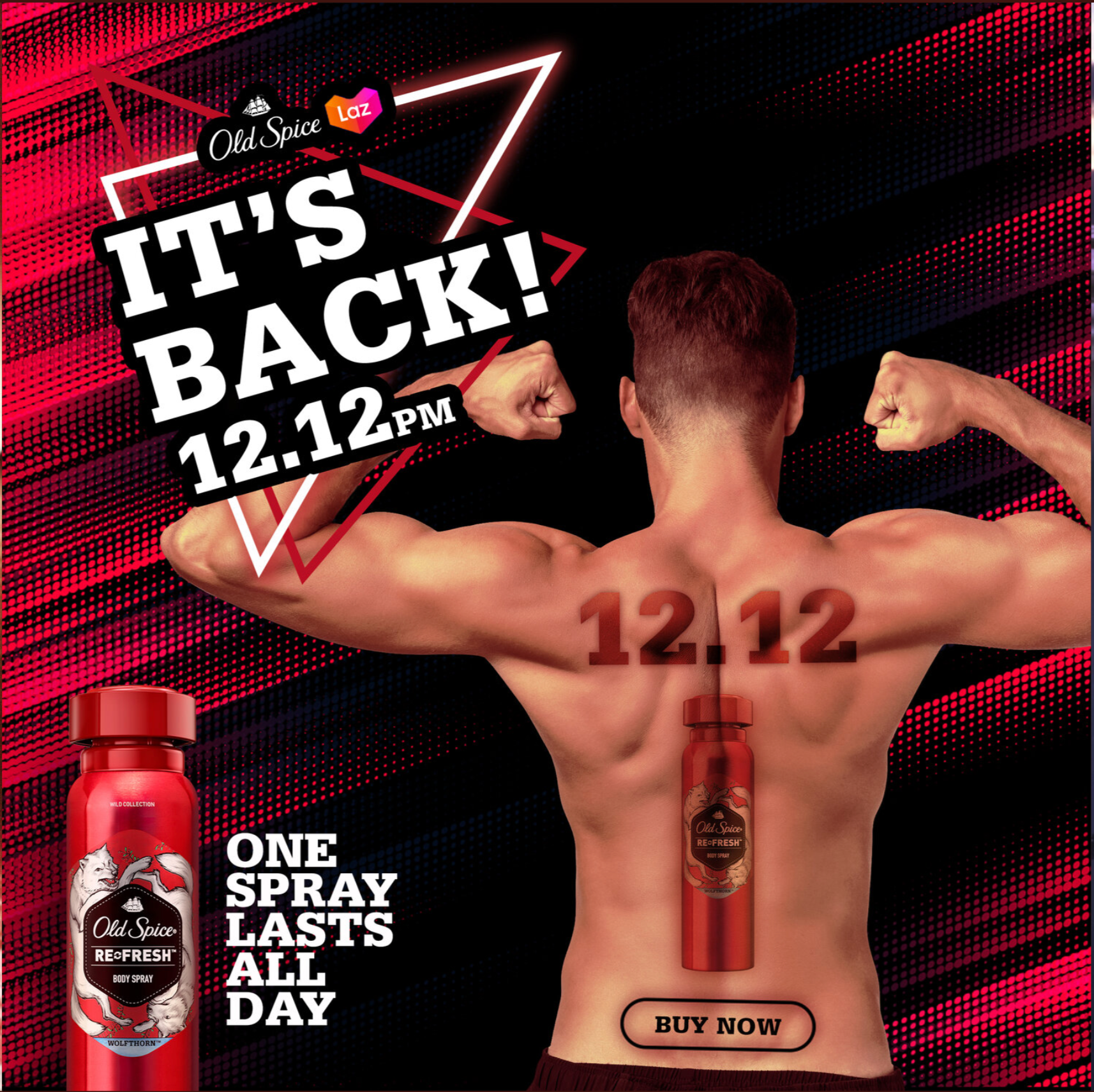 CAPTION: We’re back! And we’re here to remind you that it’s 12.12 o’clock (*at the time of posting). So it’s time to stock-up on Old Spice—because who doesn’t stock-up on things when there are double digits on a post with exclamation points! Remember, one spray lasts all day. And 12 sprays at 12.12 o’clock—is just overdoing it.