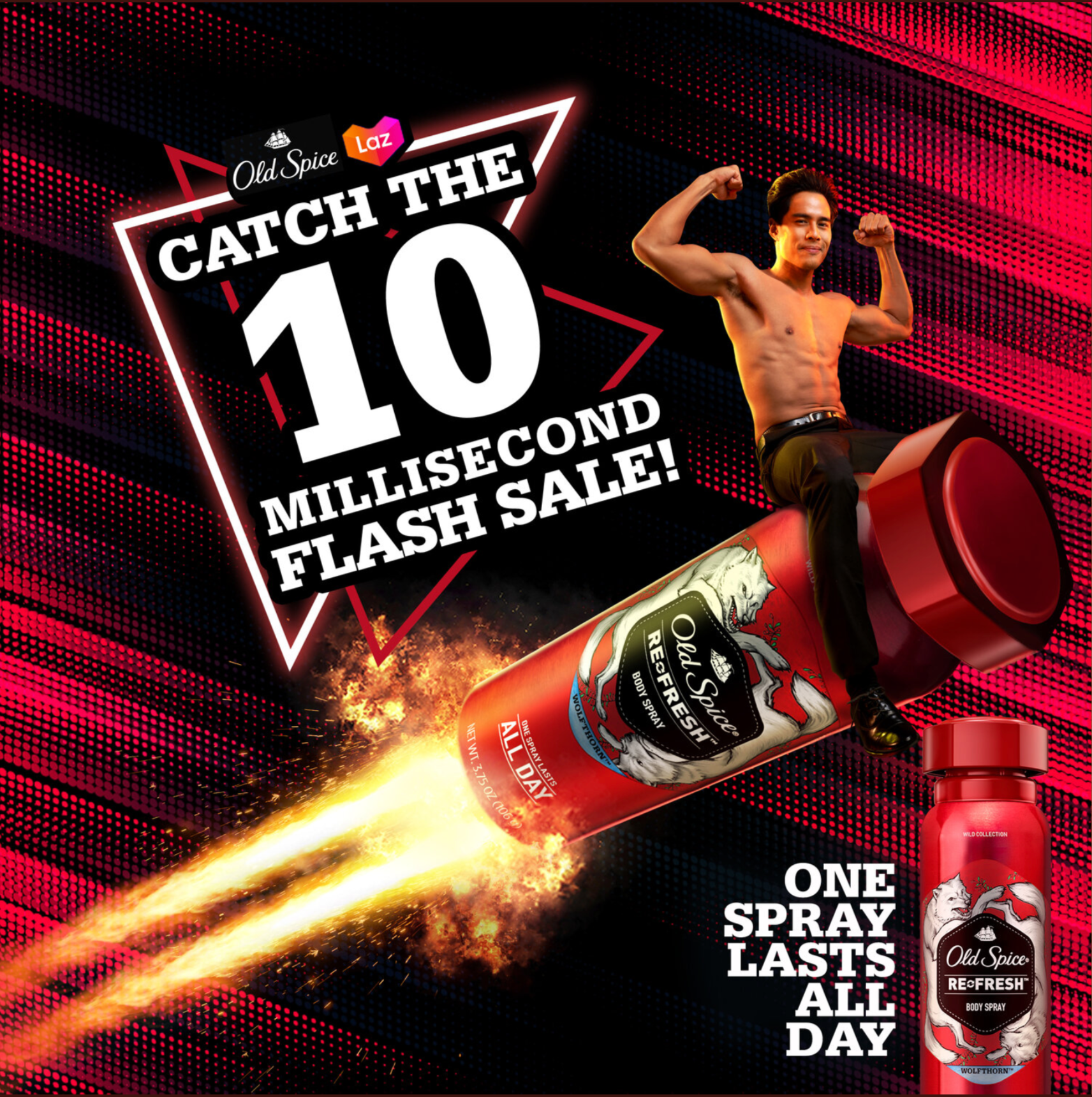 CAPTION: Are you fast enough? If you are, you must not be human. But whatever you are, if you’ve got armpits, Old Spice is still for you! One spray lasts all day (if you’re human). And if you’re an extraterrestrial being with seven armpits, then you must need very customised shirts. Grab your Old Spice today! *Old Spice does not deliver outside of planet earth