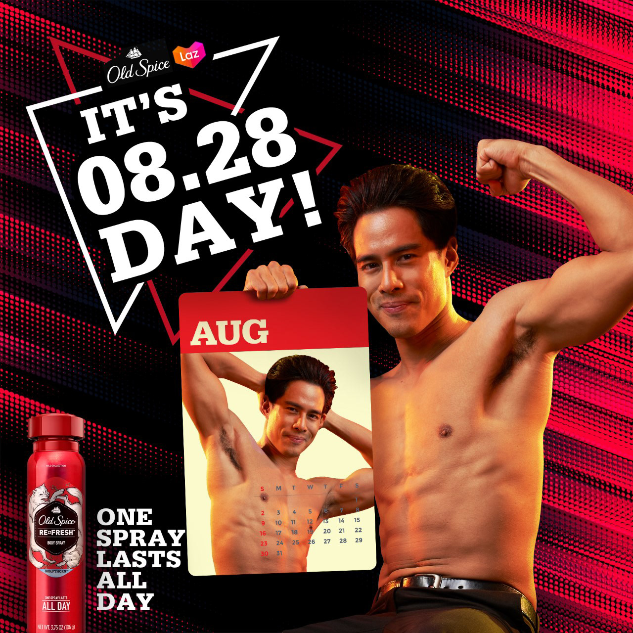 CAPTION: Yeeaah, you know what that means! It means it’s Friday. And you know what means! It means it’s a good day to buy Old Spice. Old Spice deodorant lasts all day, whether it’s 08.08, 08.28, or 08.45 (which is not a real day, but it if it were, you’d still smell amazing).