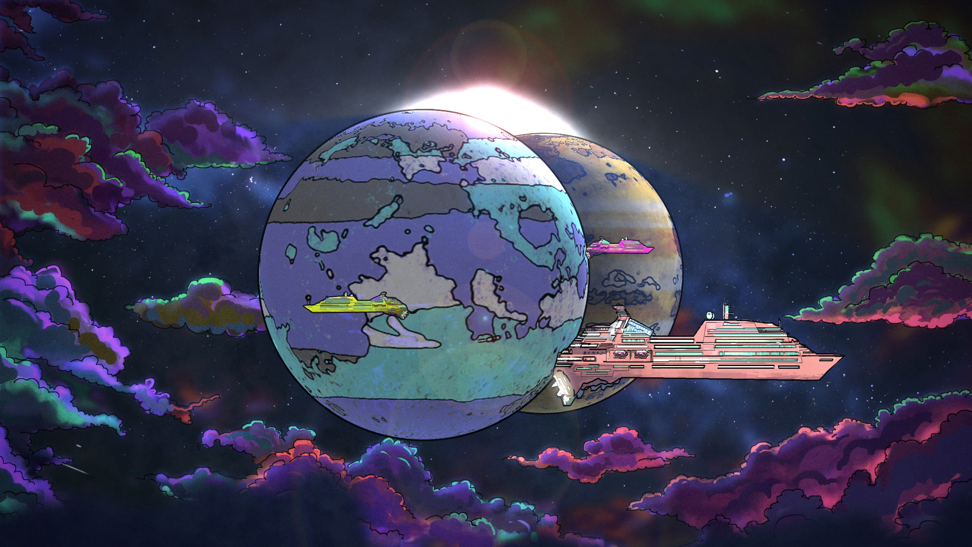 Eclipse from 2 planets with a space cruise ship enjoying this mesmerizing galactic anomaly.