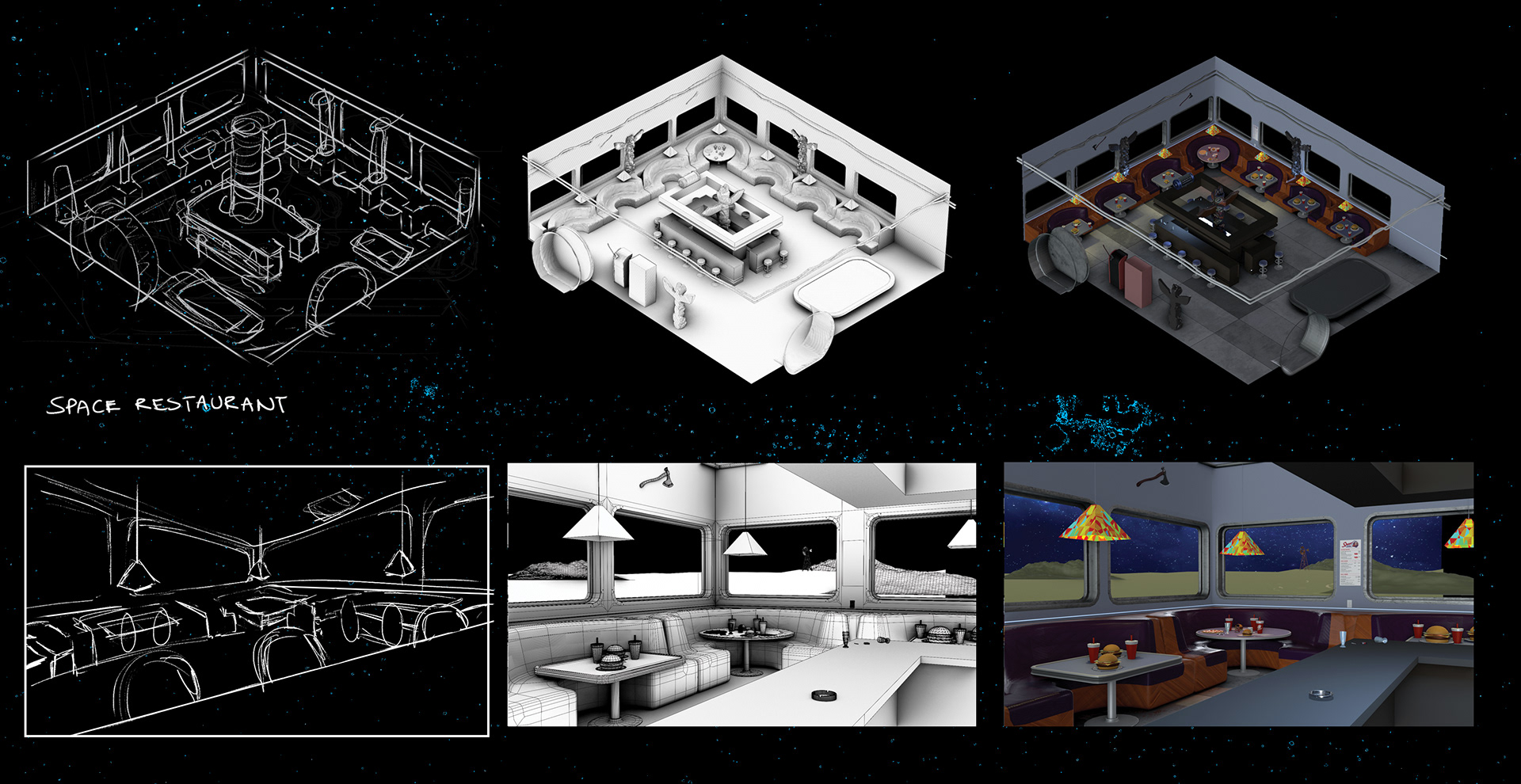 using a 3D layout for a set for a team of illustrators to use as a guides for perspective.