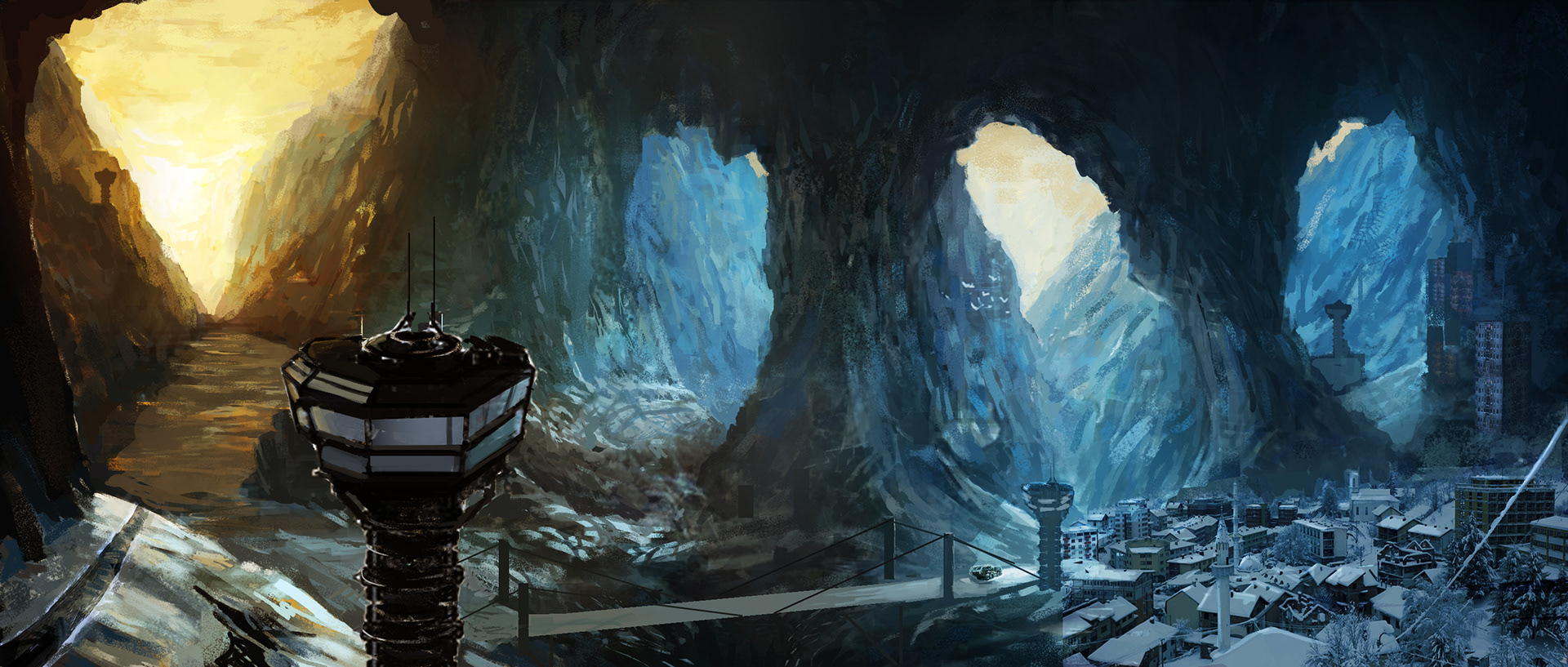 The ice cave town shielding from the harsh elements above ground.