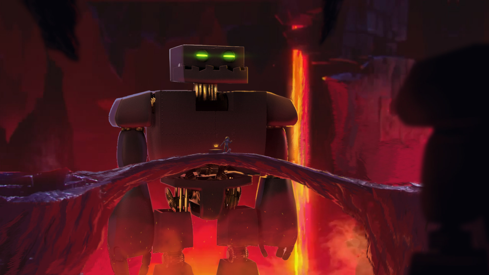 Ancient goliath guardians awaken in a subterranean labyrinth as the hero character reaches the prized possession he's been searching for.