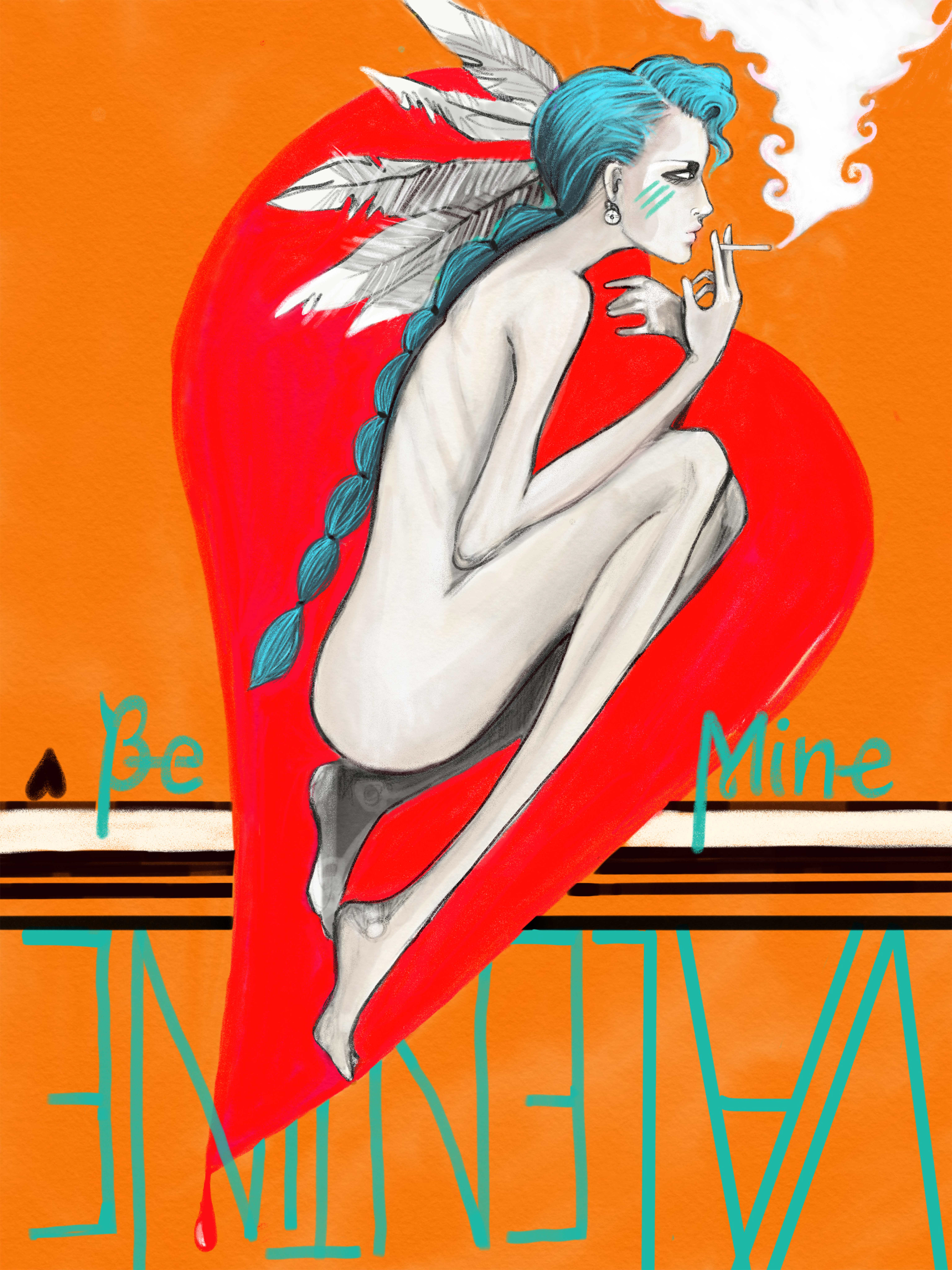 Rockabilly Valentine Illustration Nude Pin-up Smoking Native Girl