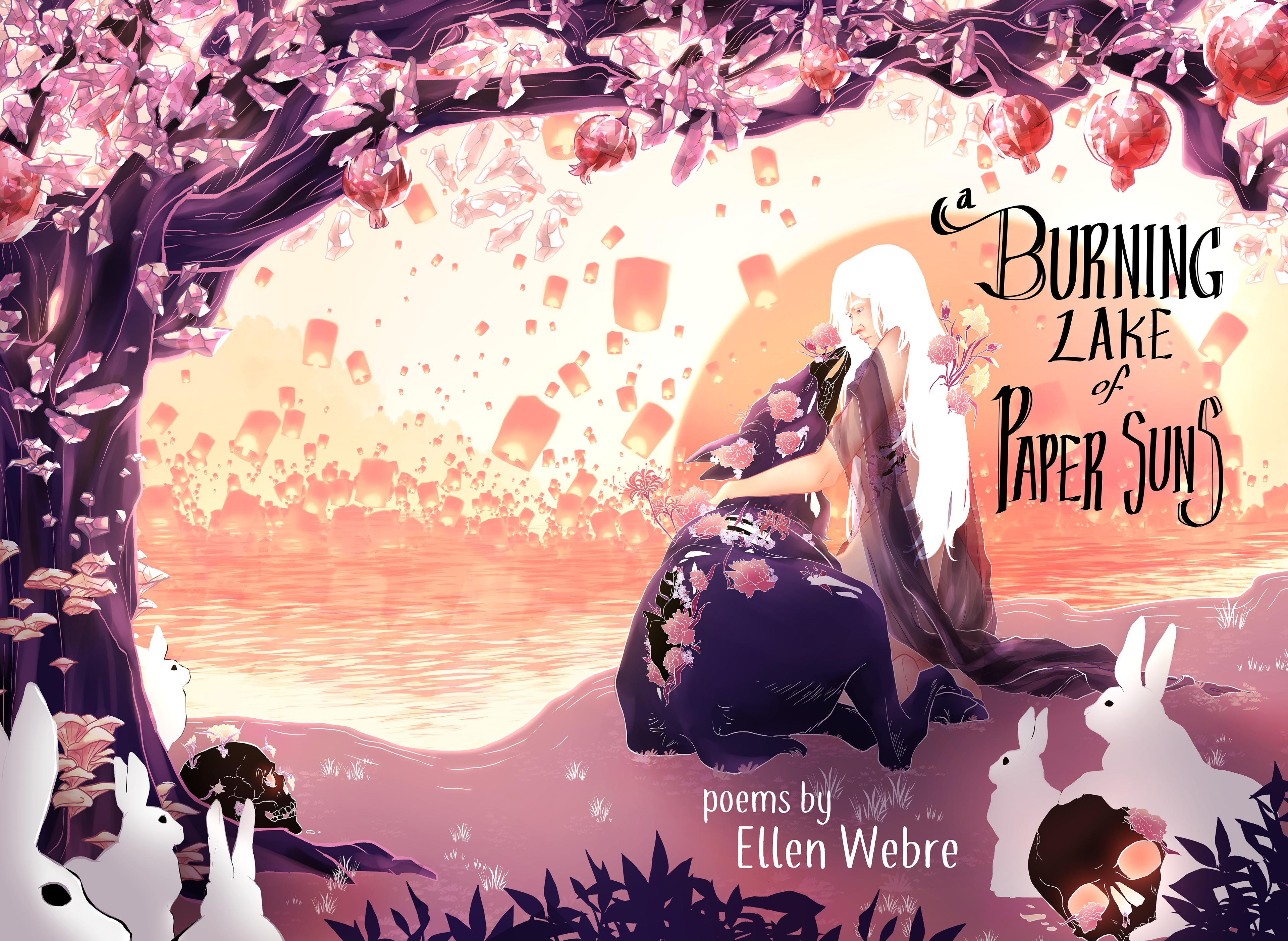 "A Burning Lake of Paper Suns" by Ellen Webre, Illustrated by Amanda Le (2021). Illustrated Handlettered Title