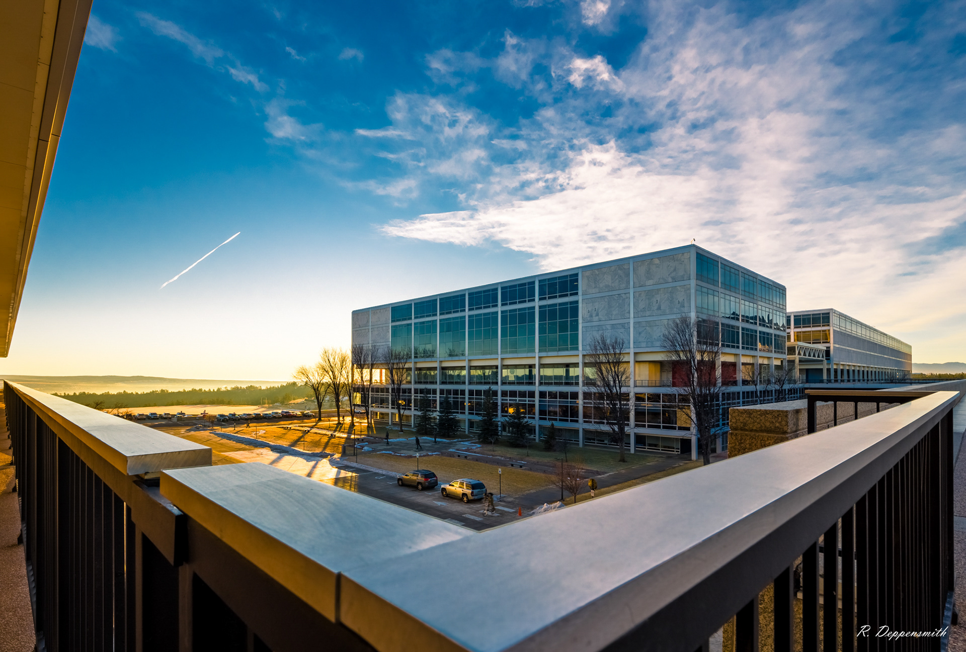 Sunrise from Vandenberg Hall, looking at Fairchild Hall, USAF Academy