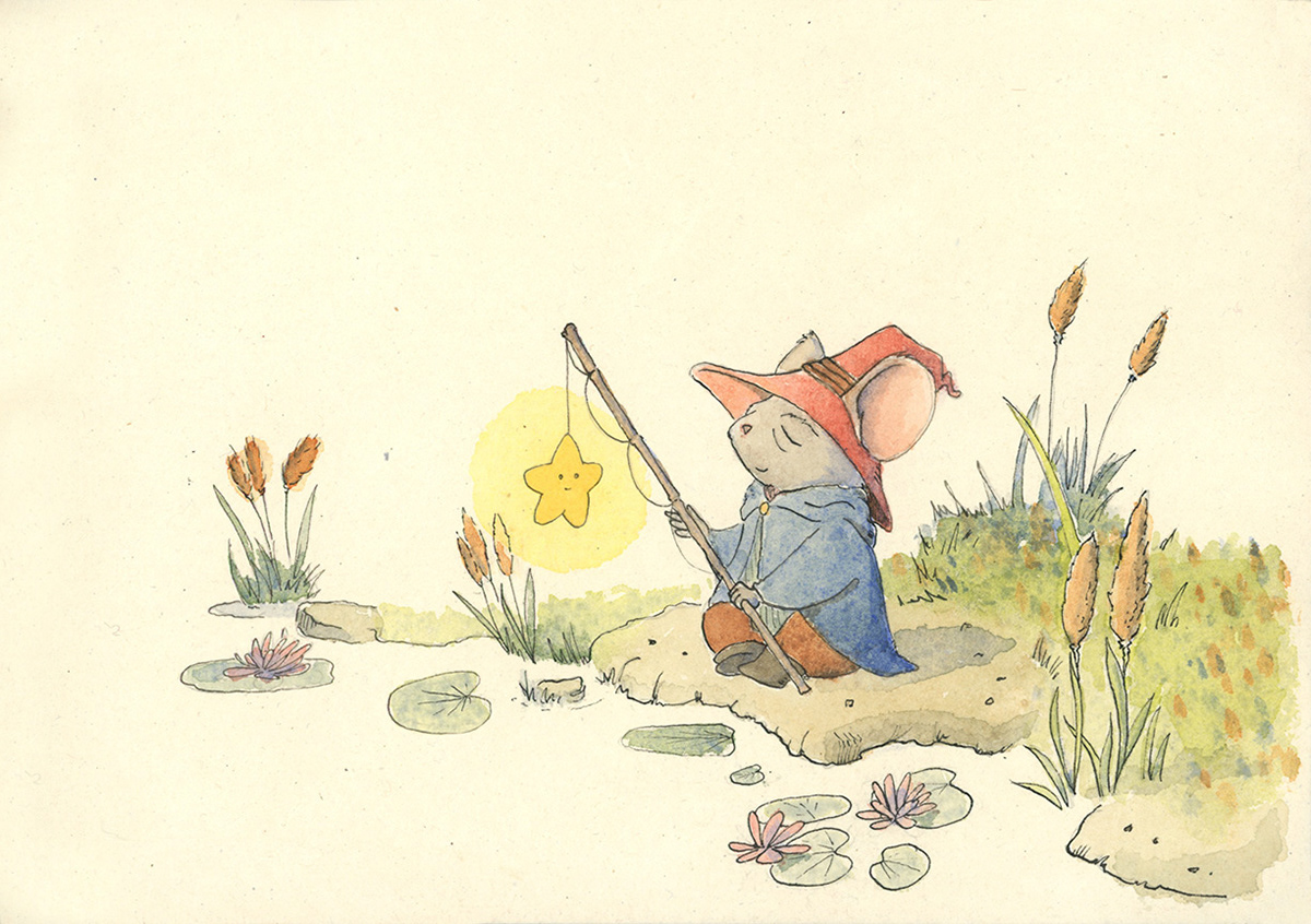 Whiskerbottom fishing for fallen stars at the lily pond