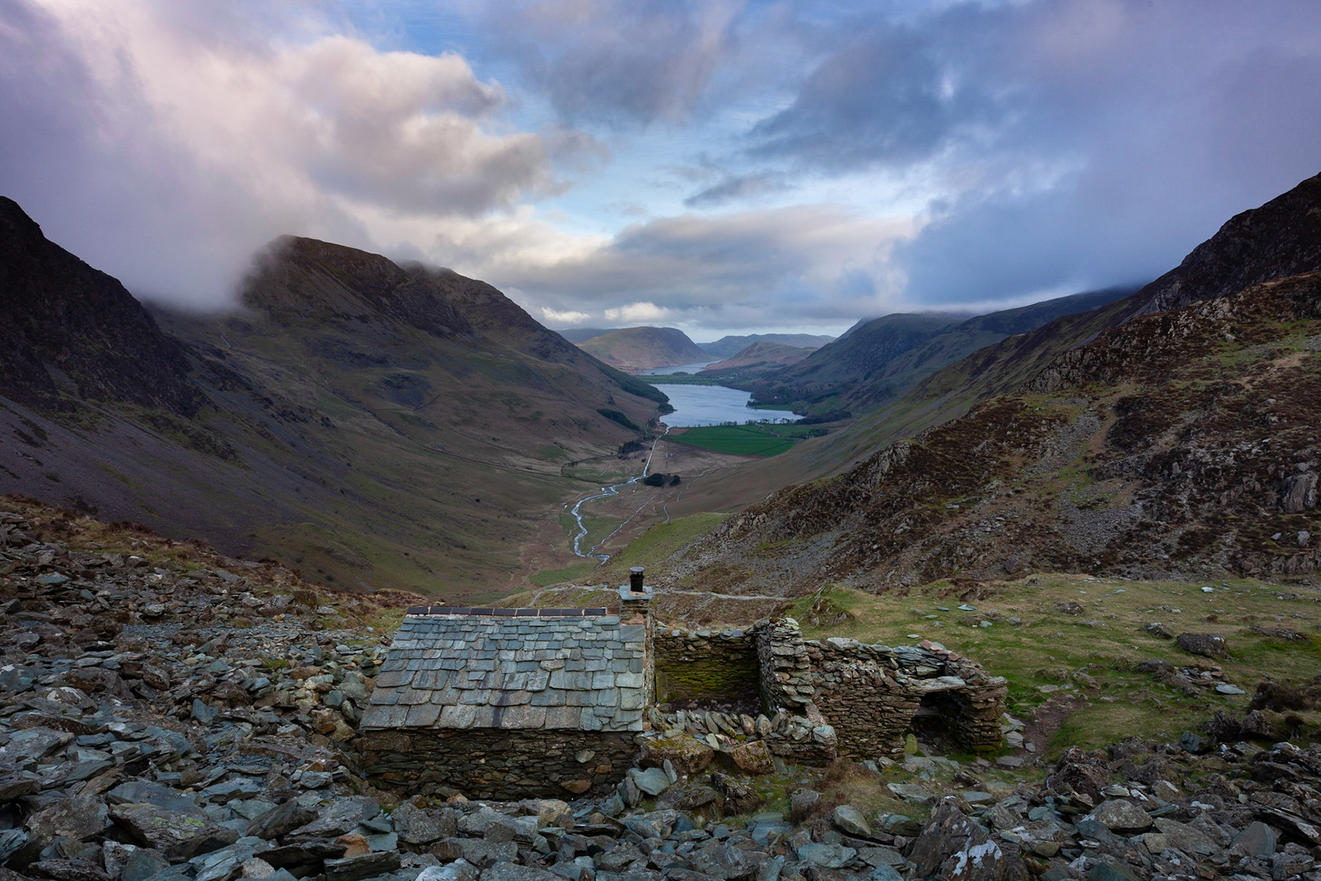 Warnscale Bothy has an amazing view down the valley to Buttermere Lake, The Lake District, England.