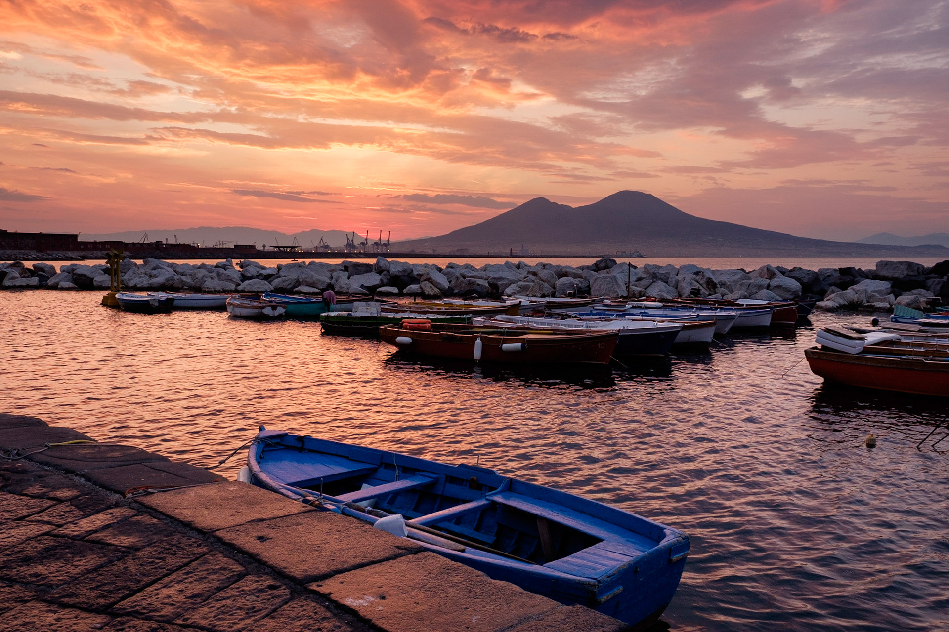 A crazy sunrise looking across the Bay of Naples towards Mt Vesuvius.