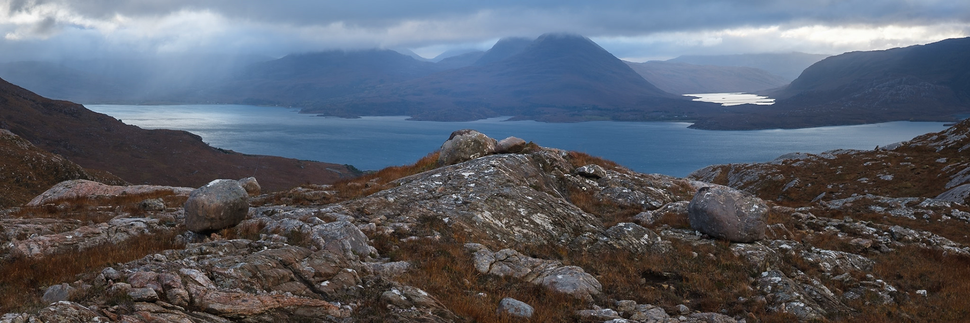 A view of Loch Torridon and Beinn Damh from Bealach na Gaoithe on a stormy autumn morning.