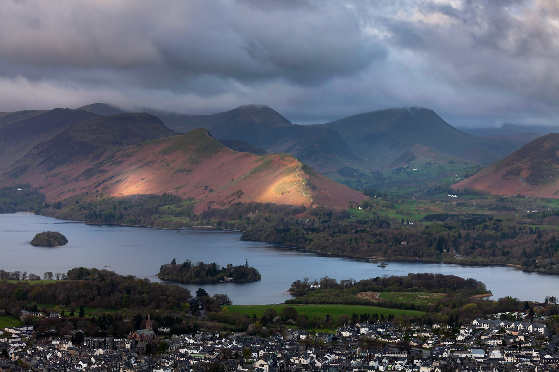 Dawn from Latrigg, looking over Keswick and the Newlands Valley, The Lake District, England.