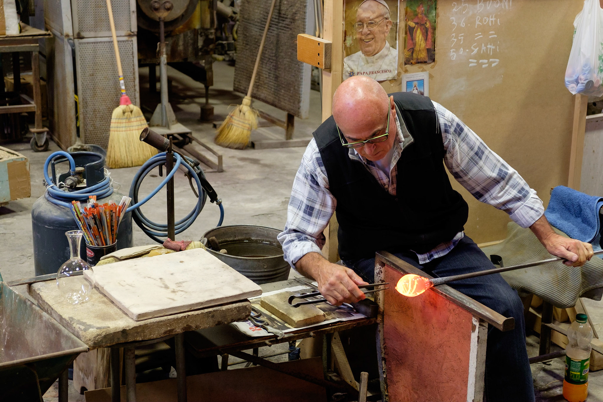 Glass blowing demonstration at Fornace Estevan Rossetto on Murano, Venice.