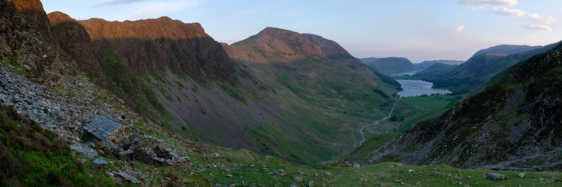 Warnscale Bothy and Lake Buttermere at sunrise, Lake District National Park, England.