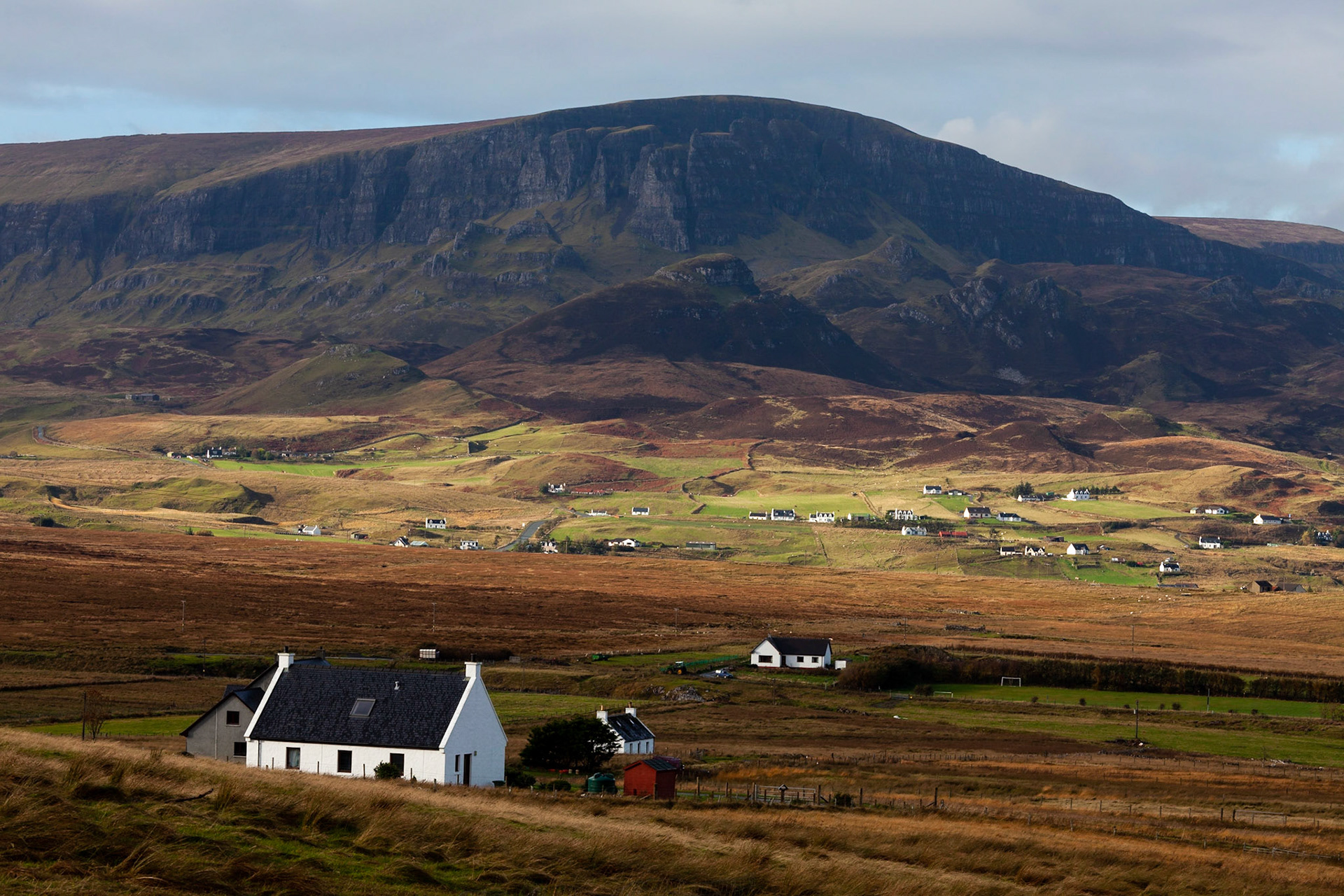 Staffin with the Quiraing behind it, Isle of Skye, Scotland.