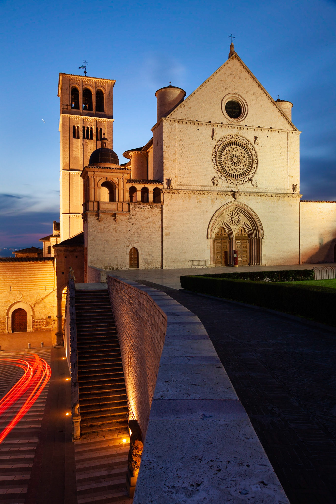 Dusk at the Basilica of San Francesco d'Assisi, Assisi, Umbria, Italy.