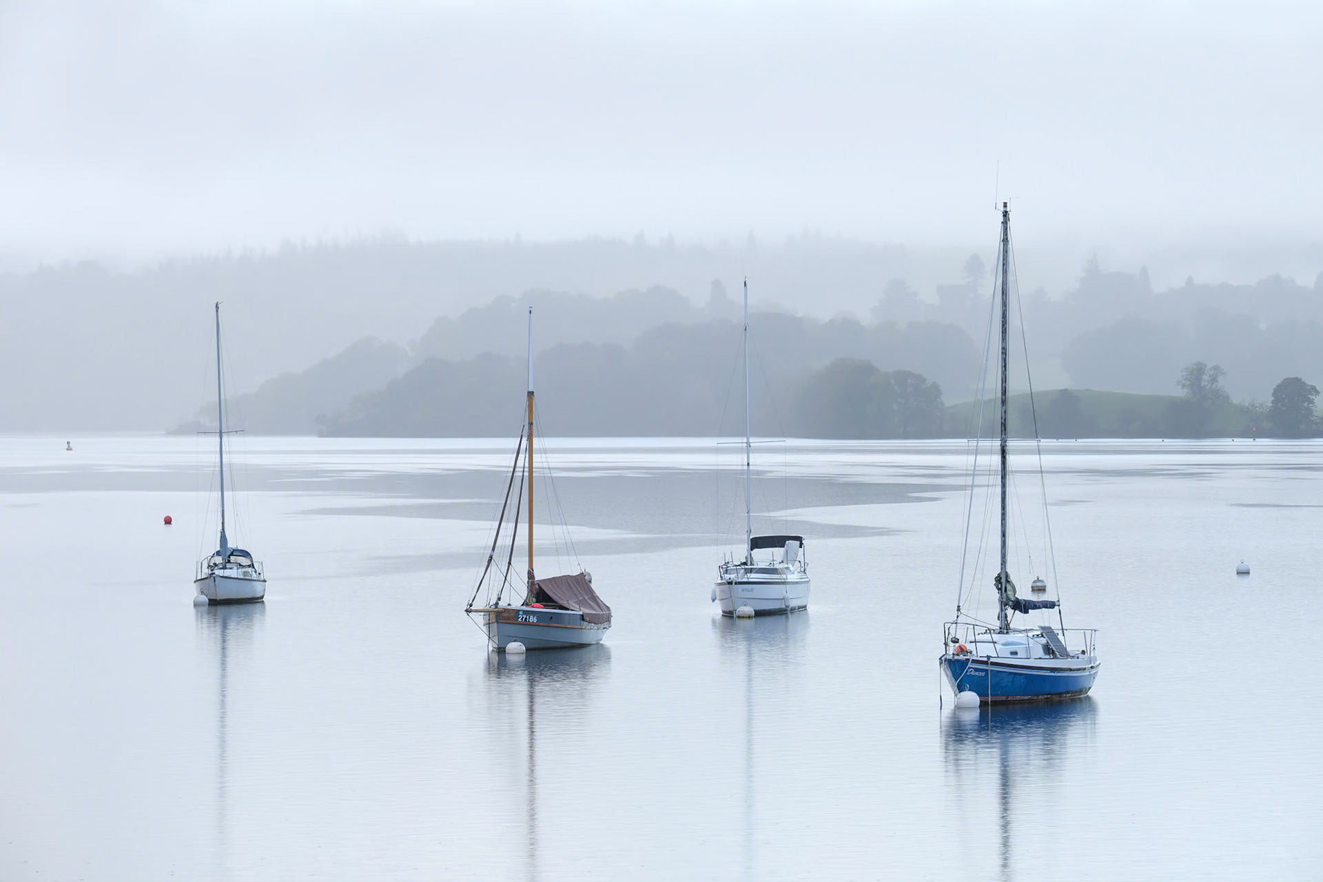 Windemere sailing boats on a rainy morning.