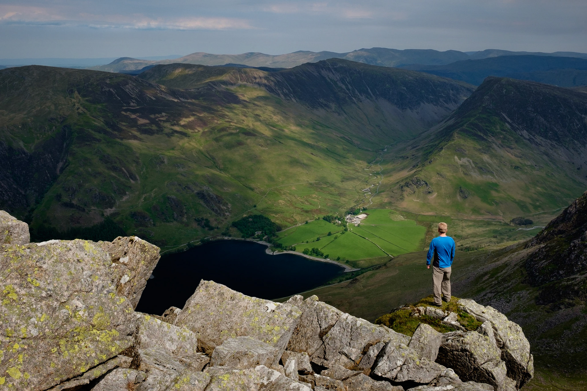 Looking over Gatesgarth farm and Lake Buttermere from High Stile, Lake District National Park, England.