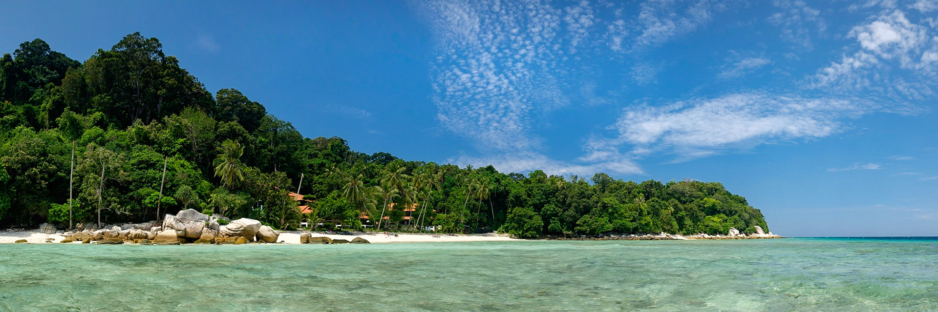 I waded out into the calm sea and took a pano looking back at Lang Tengah and the D'Coconut Lagoon Resort, Malaysia.
