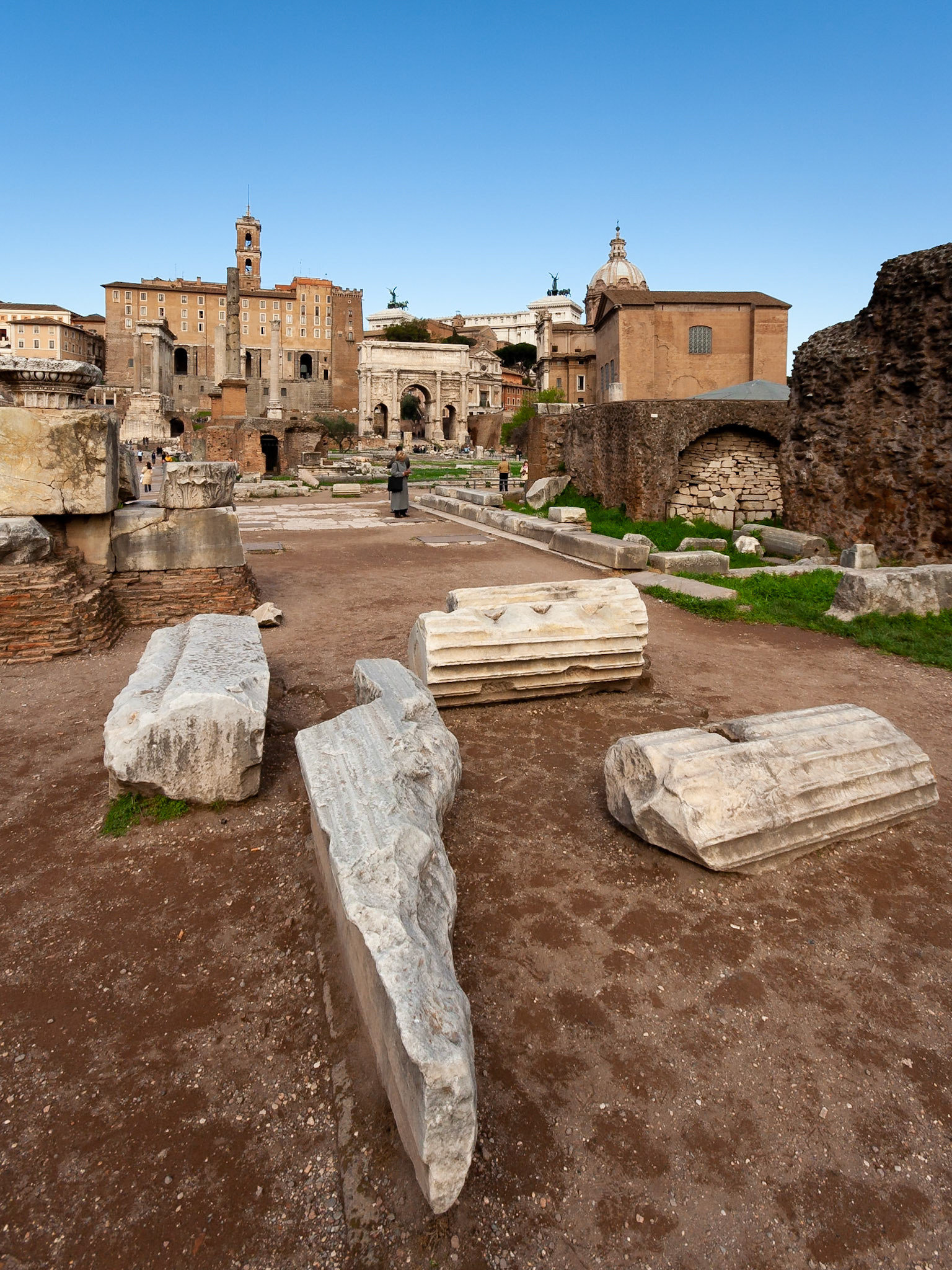 Broken marble columns in the Forum, Rome, Italy.