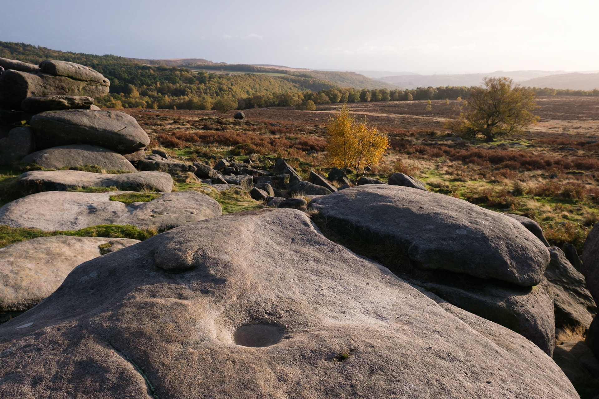 A sunny autumn day  on Owler Tor. Peak District National Park, England.