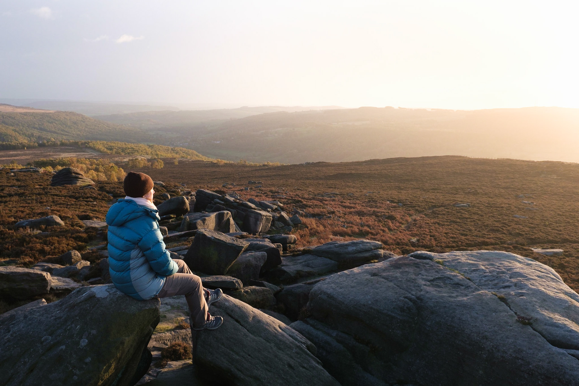Watching the sun set from Over Owler Tor. Peak District National Park, England.