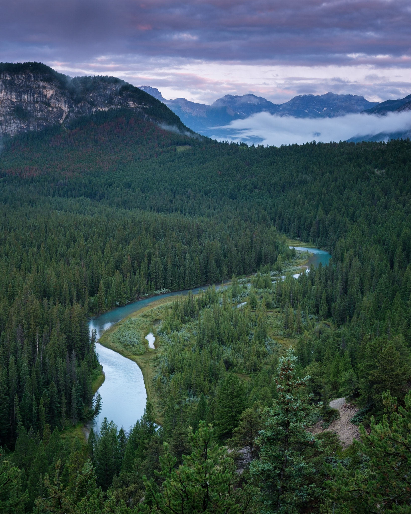Dawn looking out over the Bow River from Hoodoos Viewpoint, Banff National Park.