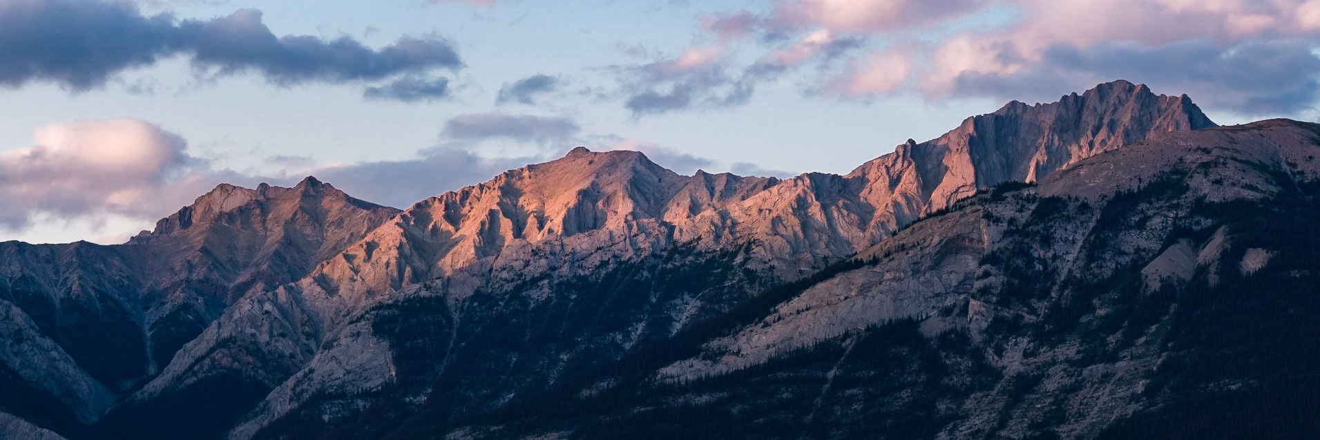 Last light on the mountains from outside our hotel in Jasper,, Jasper National Park.