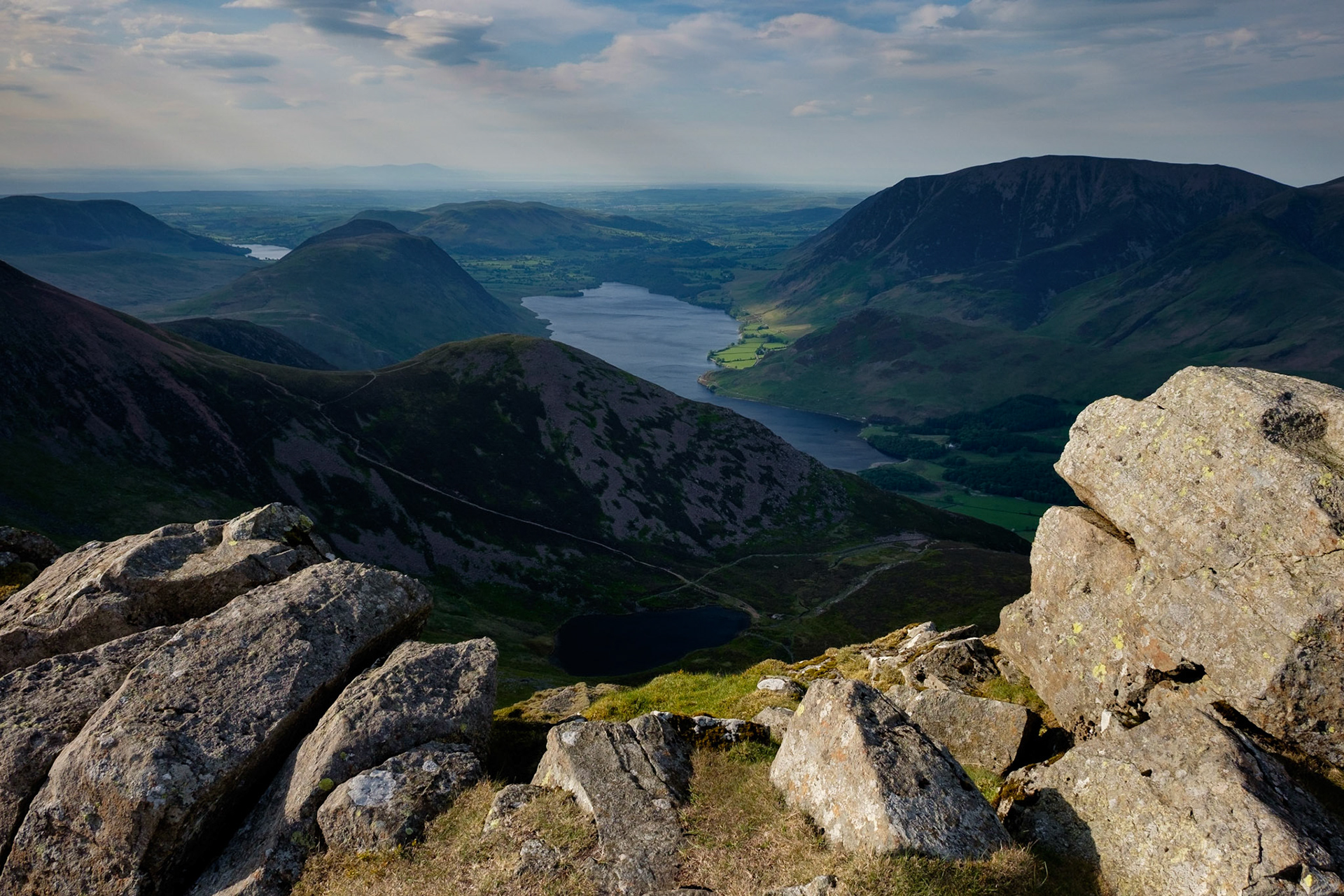 Bleaberry Tarn and Crummock Water from High Stile, Lake District National Park, England.