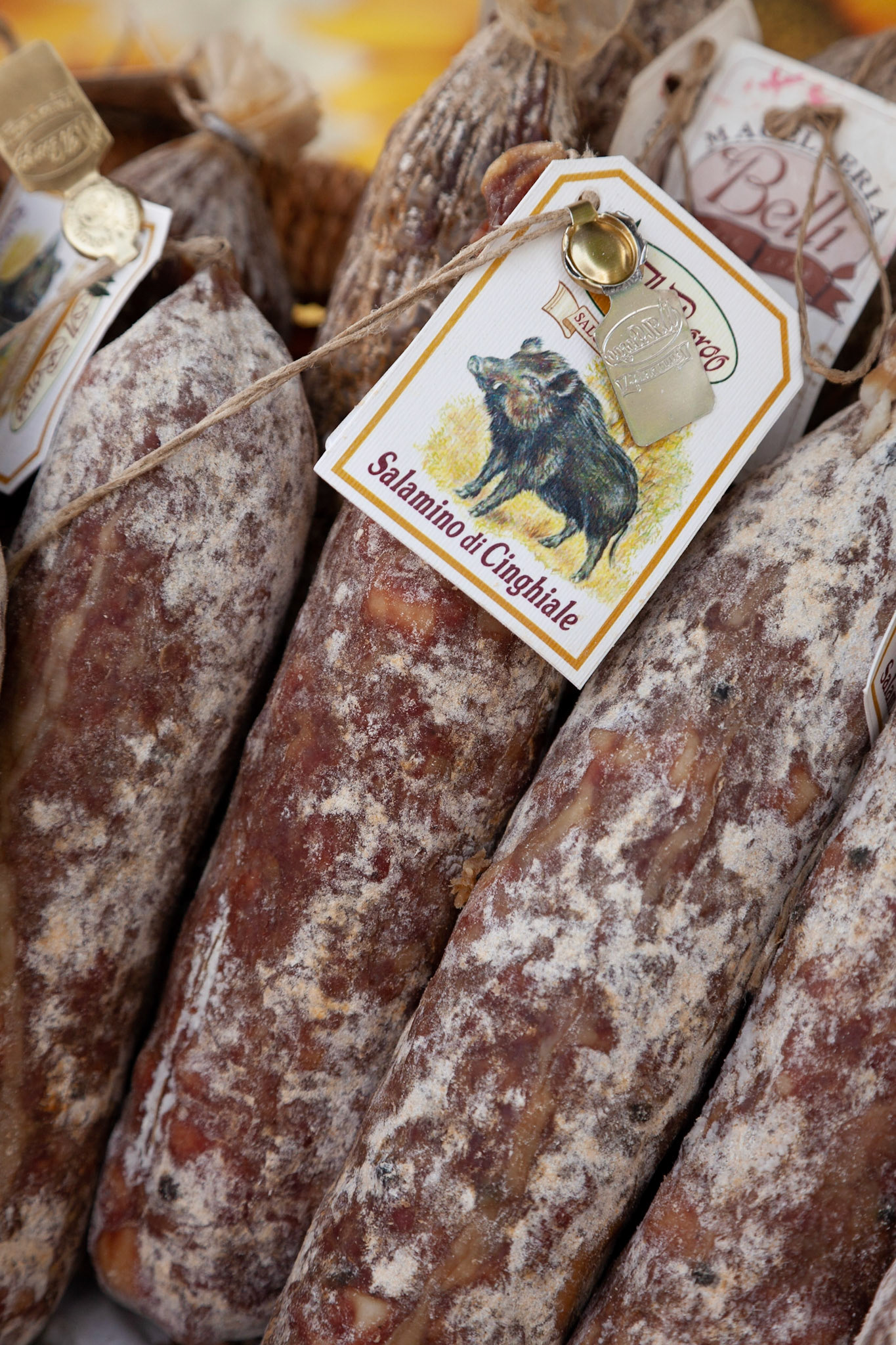 Wilb boar salami on sale at the Castellina in Chianti Saturday market, Tuscany, Italy.