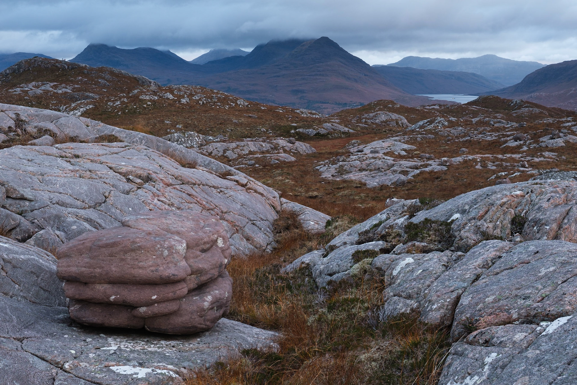 A torridonian sandstone boulder (or maybe a dinosaur egg) on An Coire Beag.
