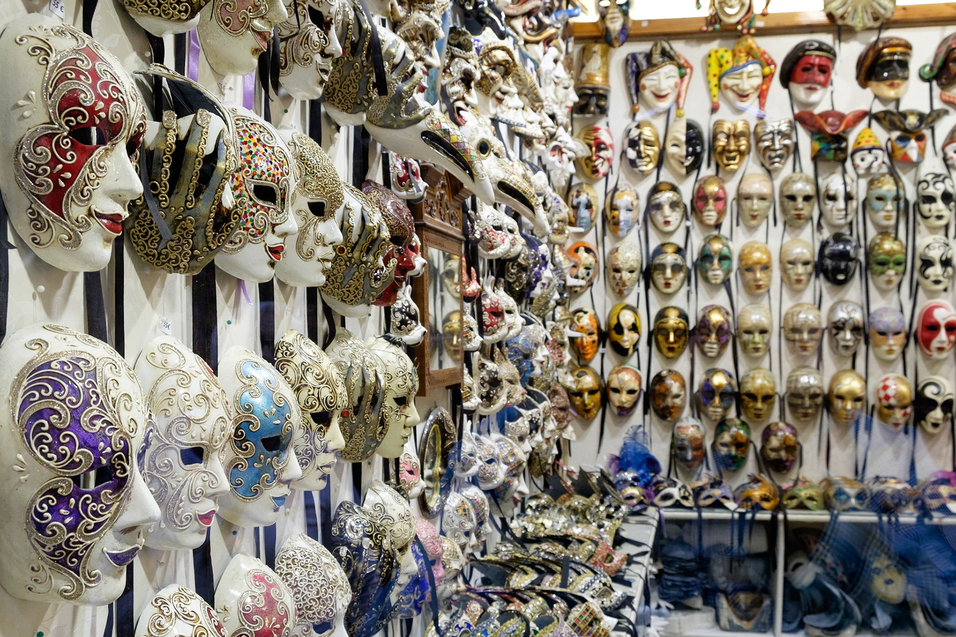Handmade Venetian masks in a shop in Santa Croce, Venice.