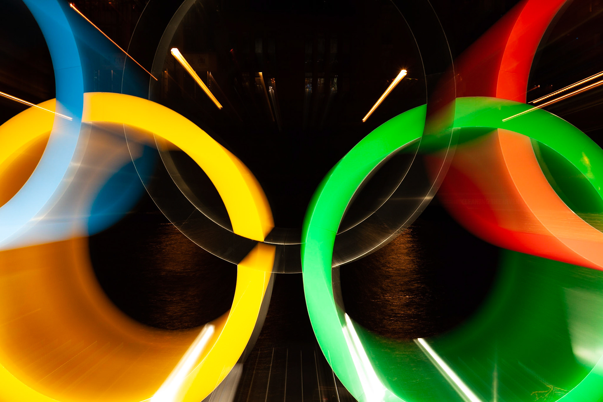 A zoom burst of the floating Olympic Rings, London, England.